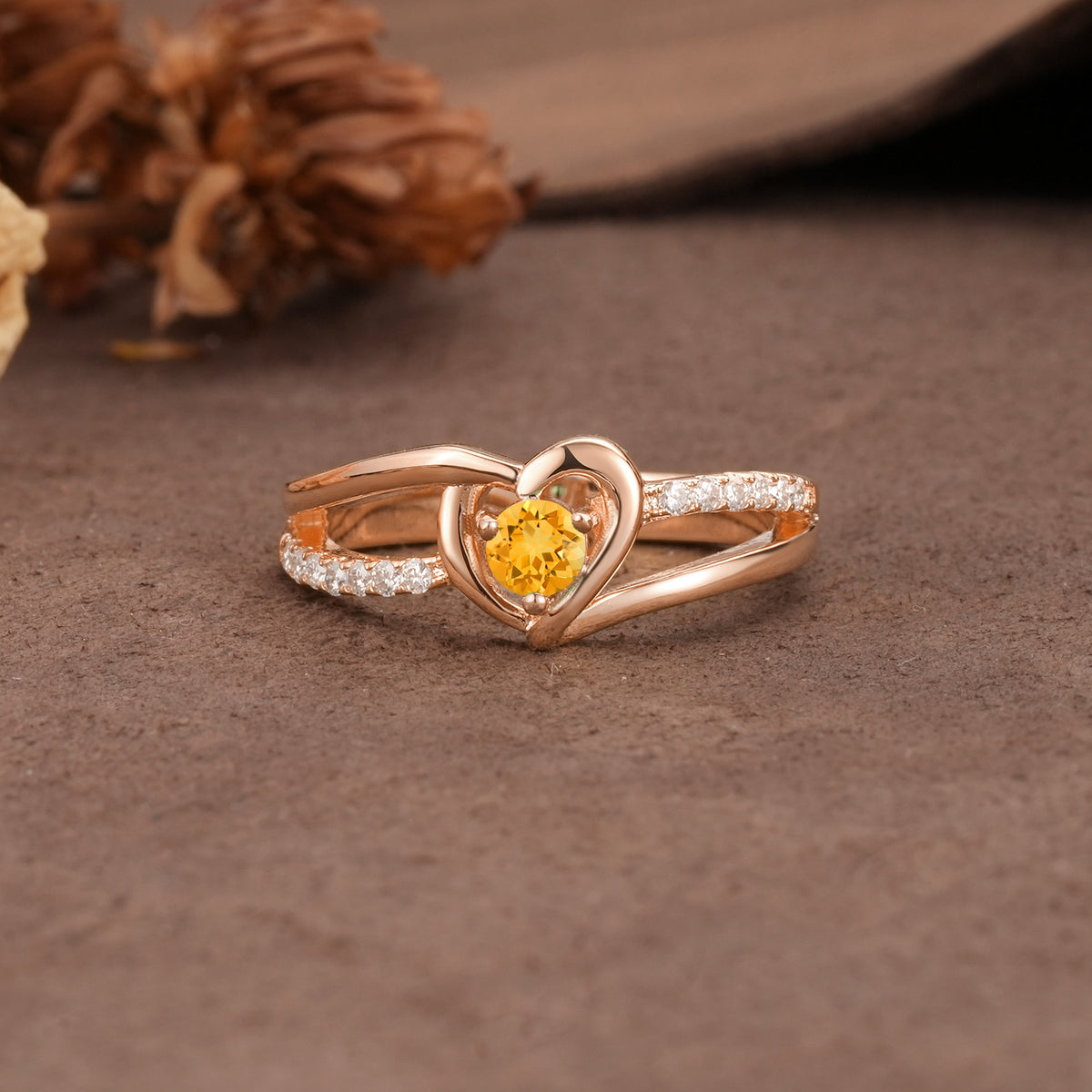 Unique Twisted Heart-Shaped 3-Prong Round Cut Citrine Engagement Ring - Additional view