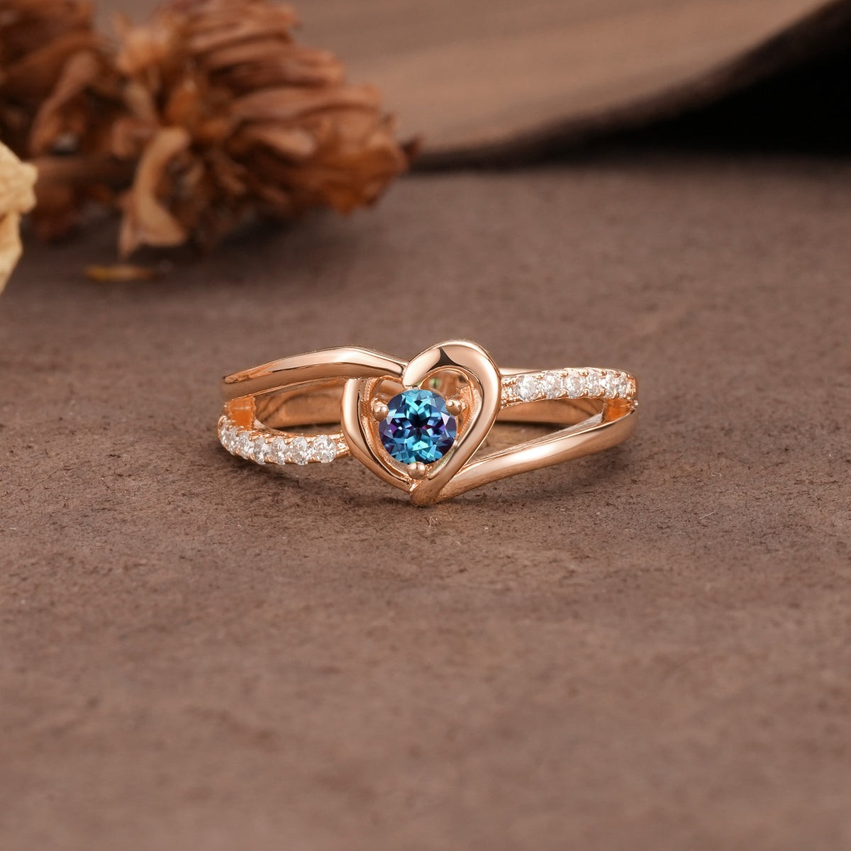 Unique Twisted Heart-Shaped 3-Prong Round Cut Alexandrite Engagement Ring - Additional view