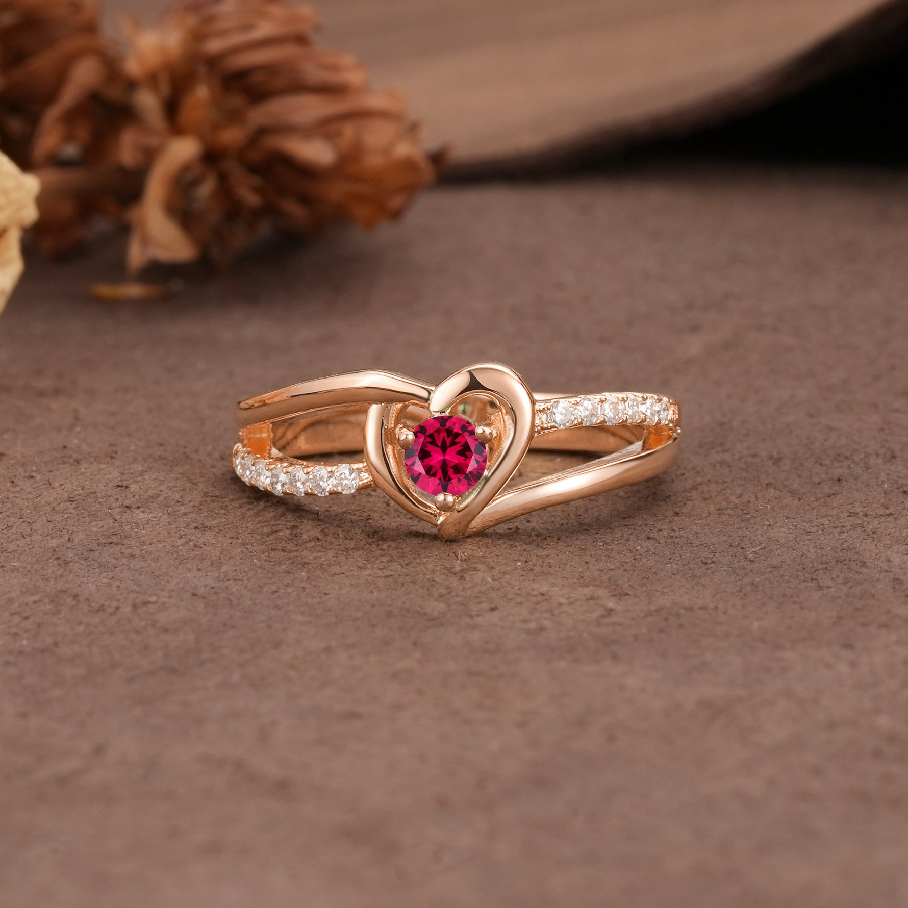 Unique Twisted Heart-Shaped 3-Prong Round Cut Ruby Engagement Ring - Additional view
