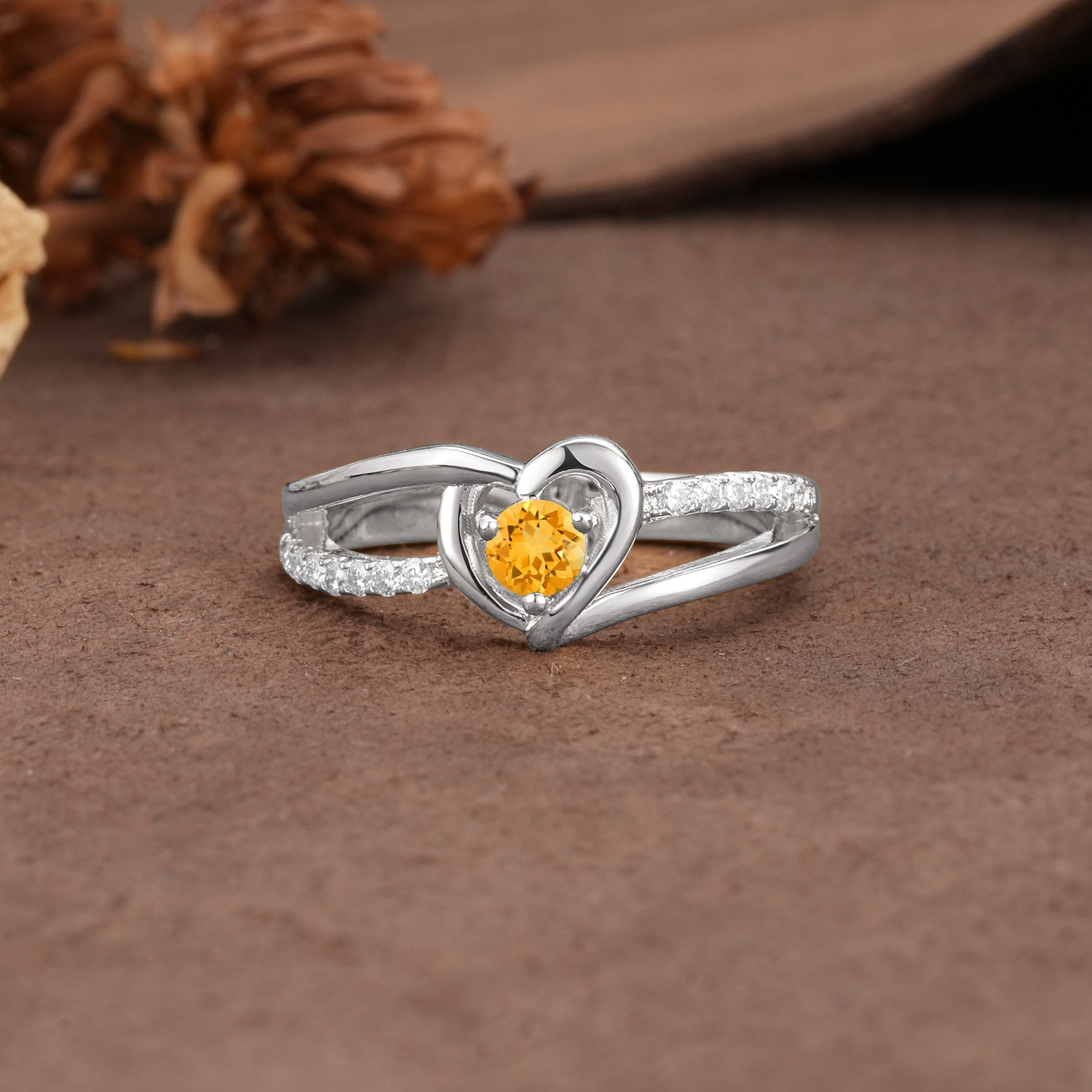 Unique Twisted Heart-Shaped 3-Prong Round Cut Citrine Engagement Ring - Additional view