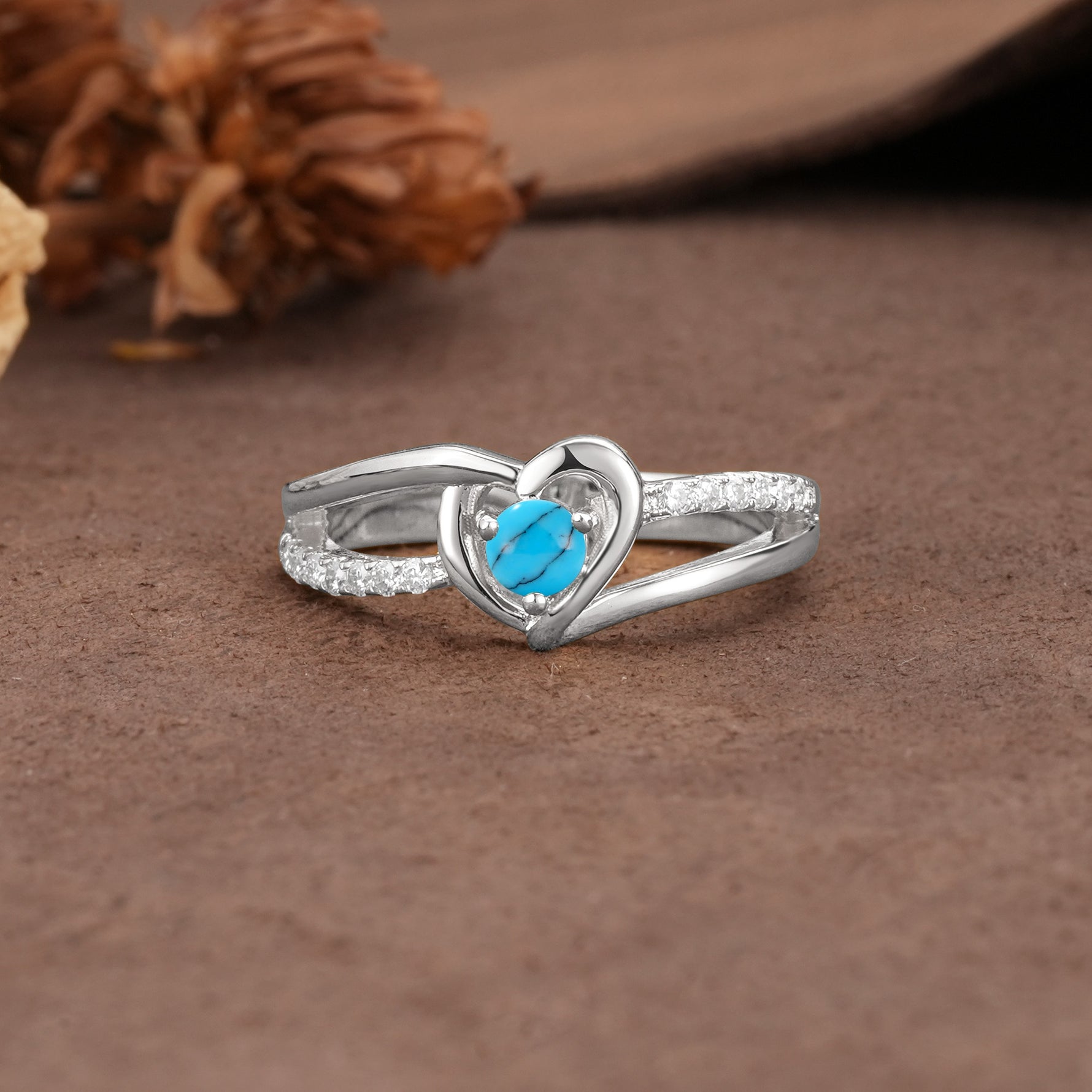 Unique Twisted Heart-Shaped 3-Prong Round Cut Turquoise Engagement Ring - Additional view