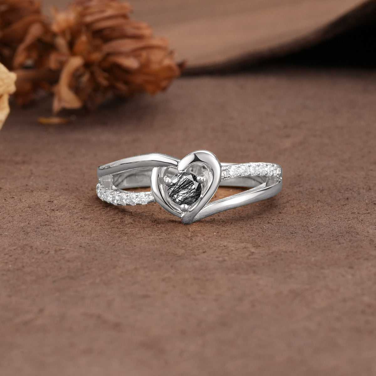 Unique Twisted Heart-Shaped 3-Prong Round Cut Black Rutilated Quartz Engagement Ring - Additional view