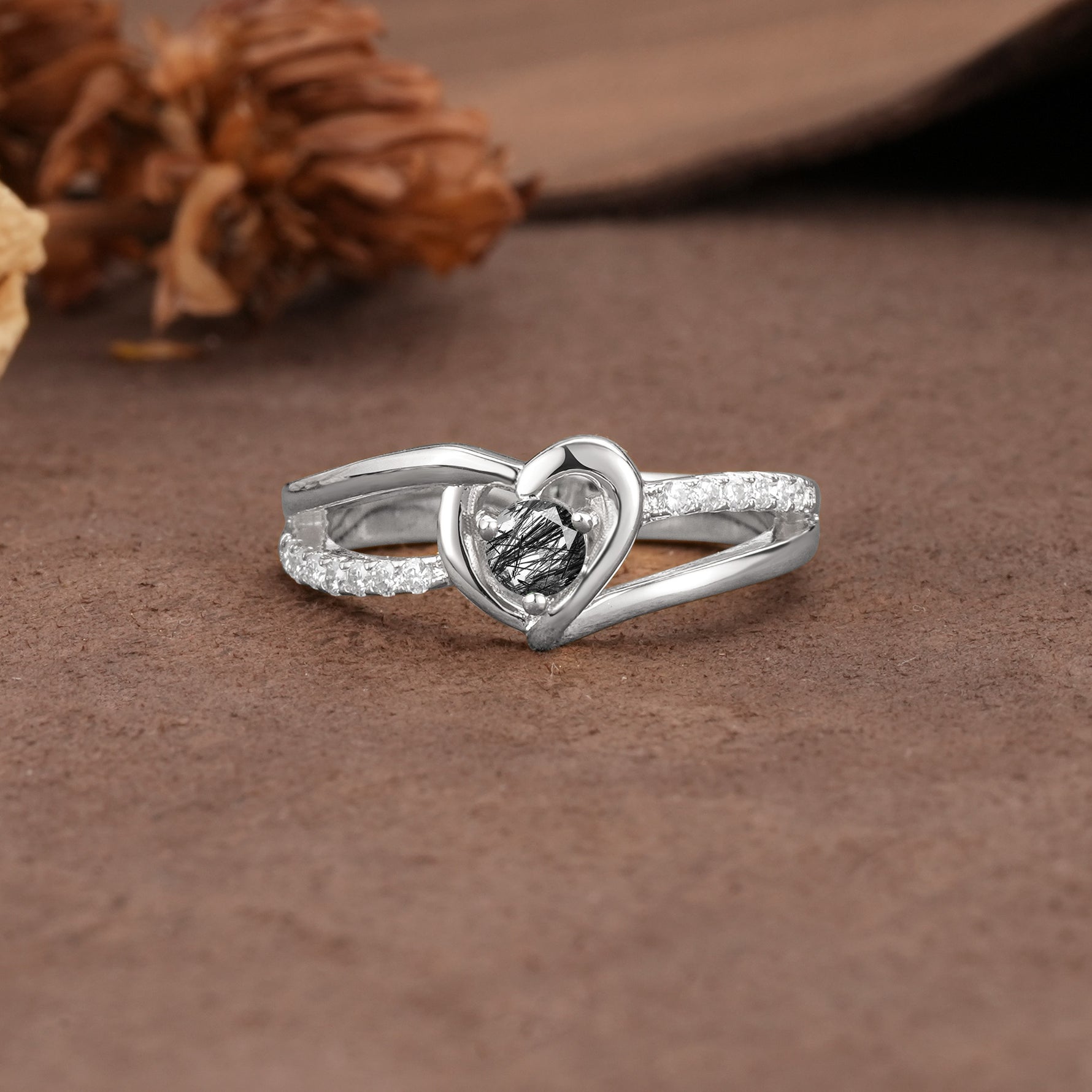 Unique Twisted Heart-Shaped 3-Prong Round Cut Black Rutilated Quartz Engagement Ring - Additional view
