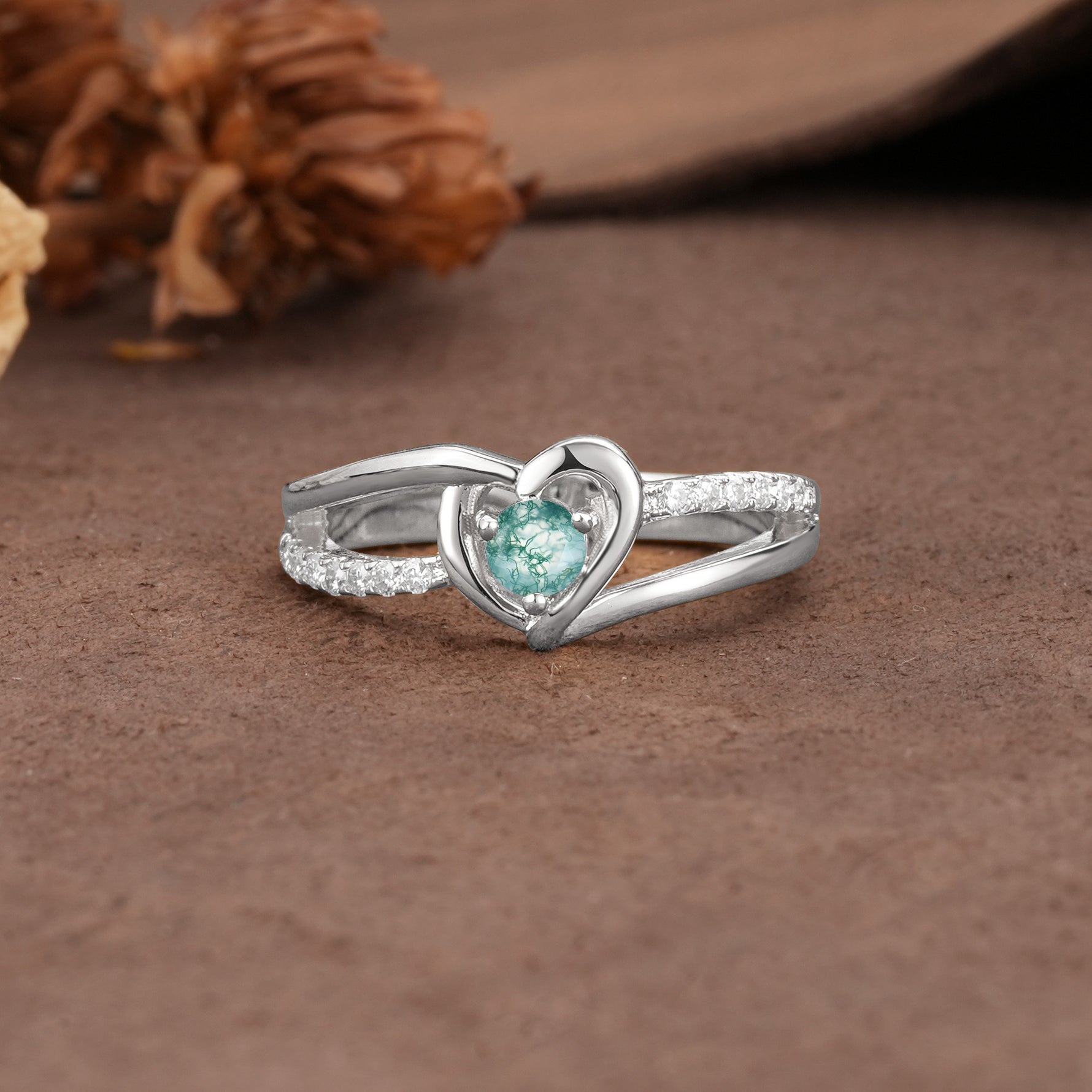Unique Twisted Heart-Shaped 3-Prong Round Cut Moss Agate Engagement Ring - Additional view