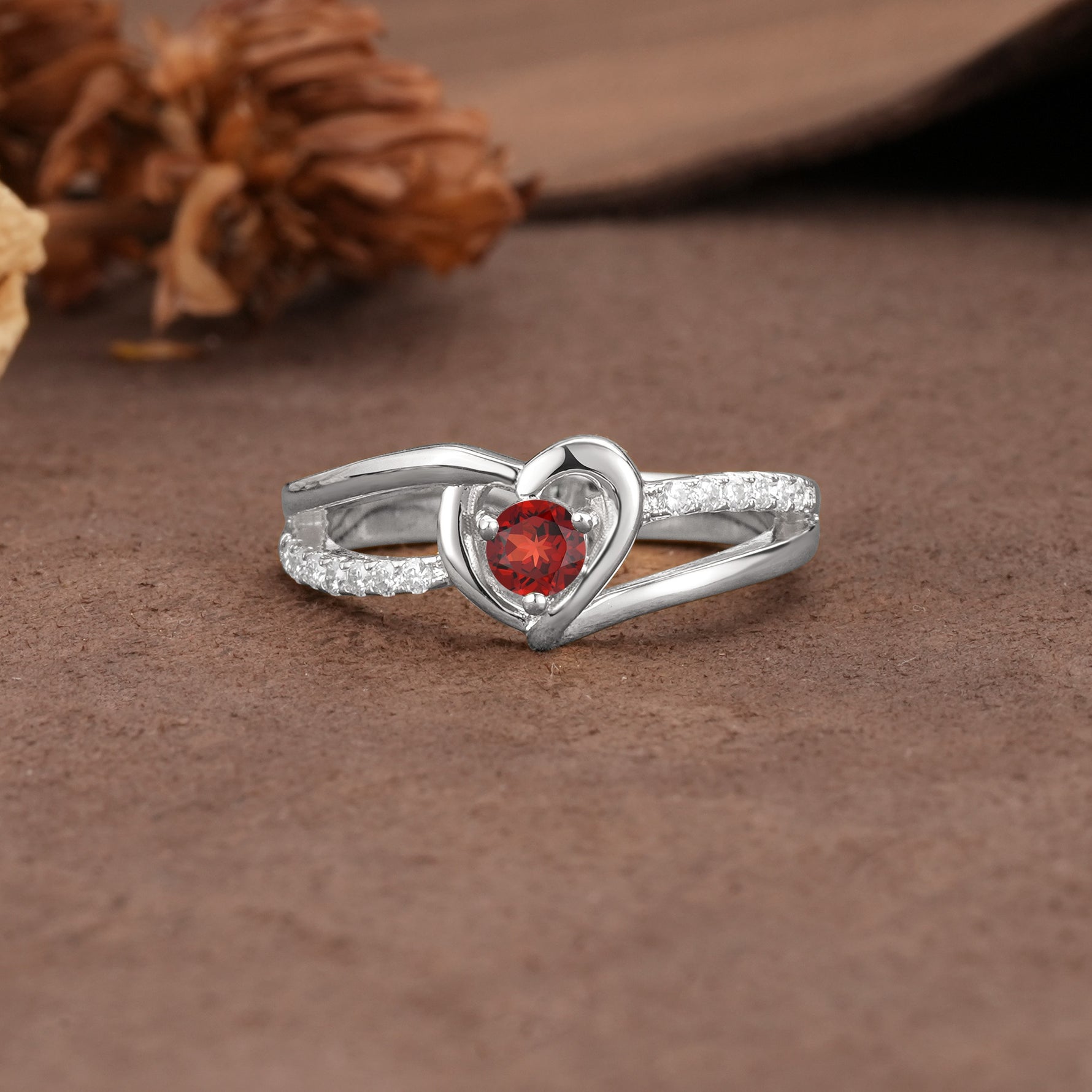 Unique Twisted Heart-Shaped 3-Prong Round Cut Garnet Engagement Ring - Additional view