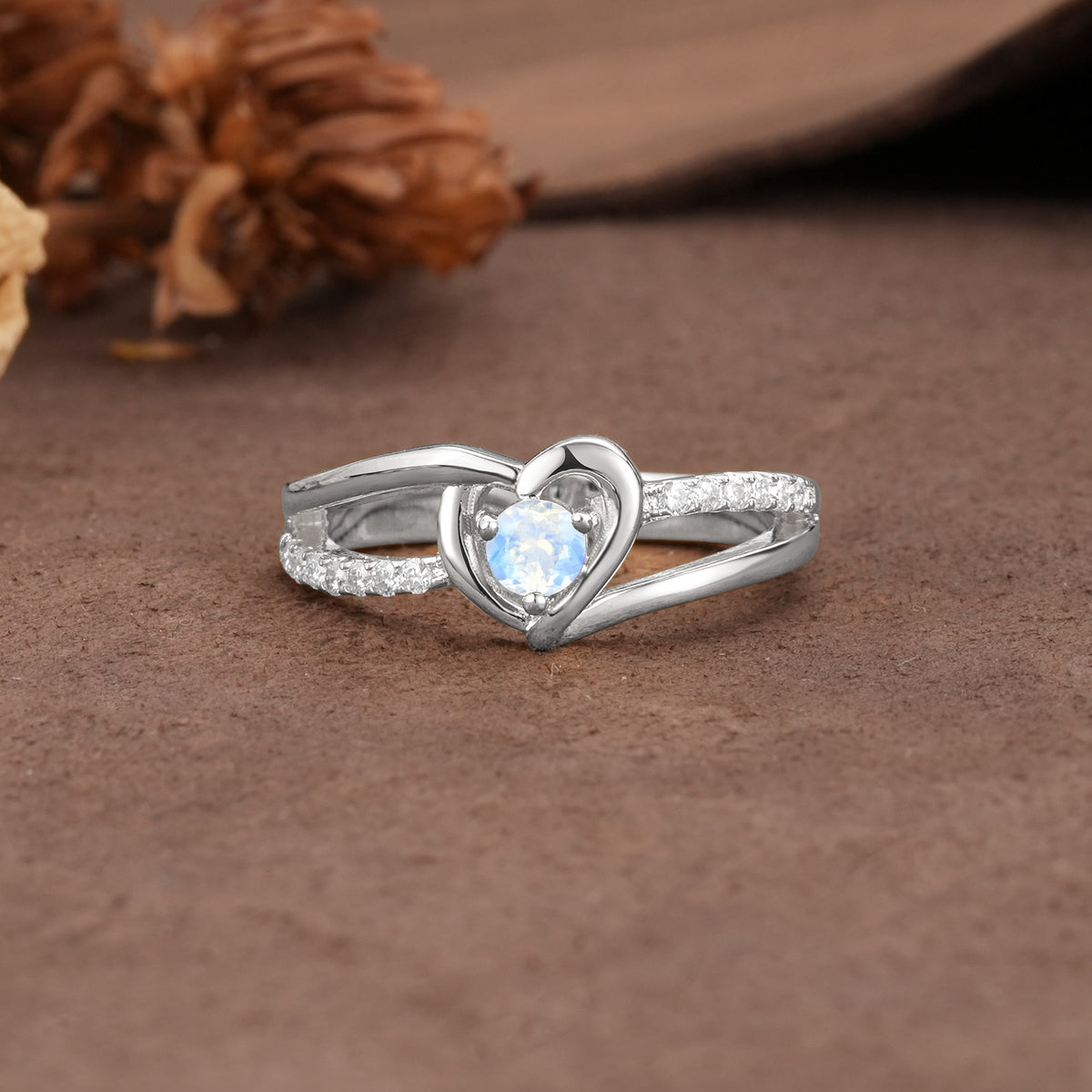 Unique Twisted Heart-Shaped 3-Prong Round Cut Moonstone Engagement Ring - Additional view