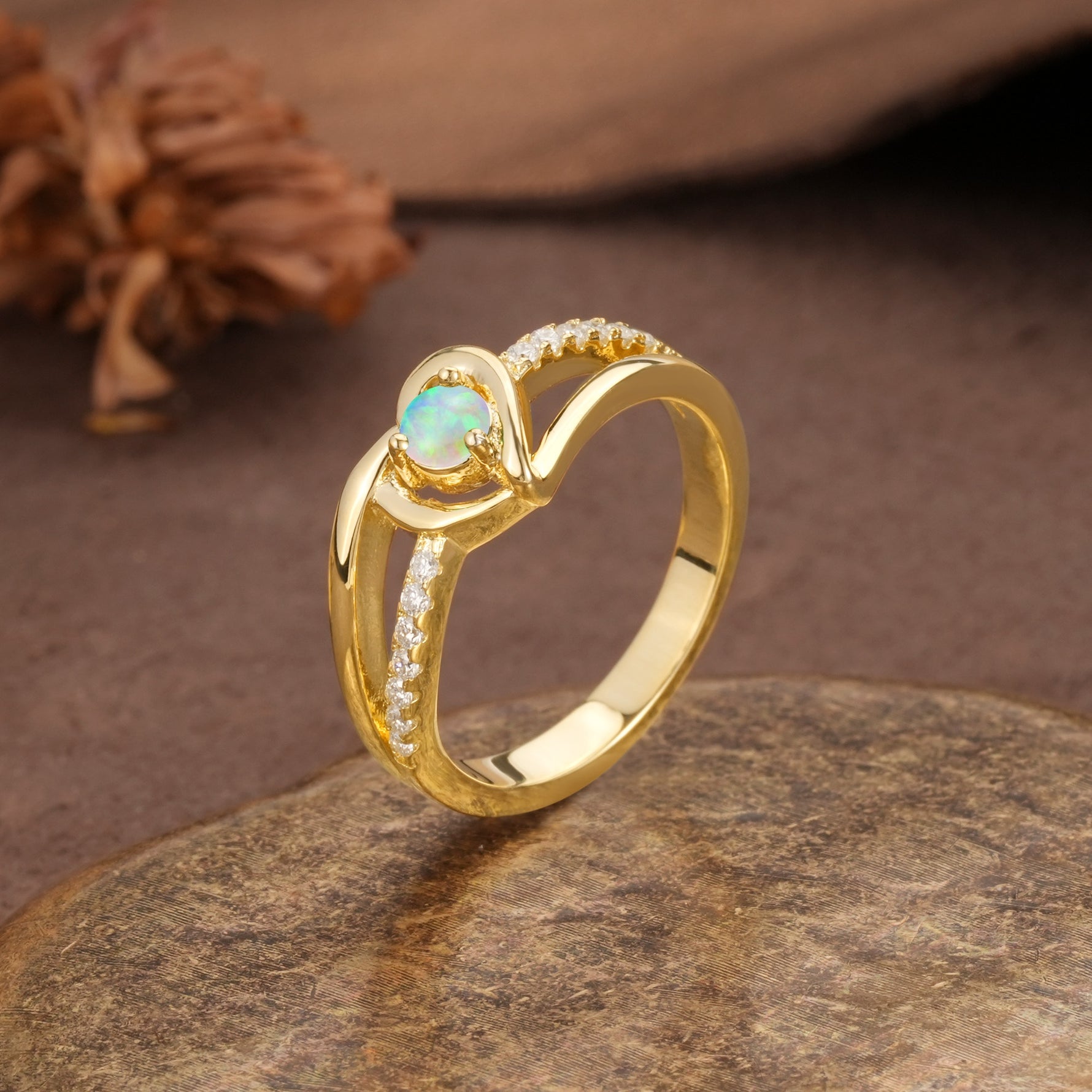 Unique Twisted Heart-Shaped 3-Prong Round Cut Fire Opal Engagement Ring - Additional view