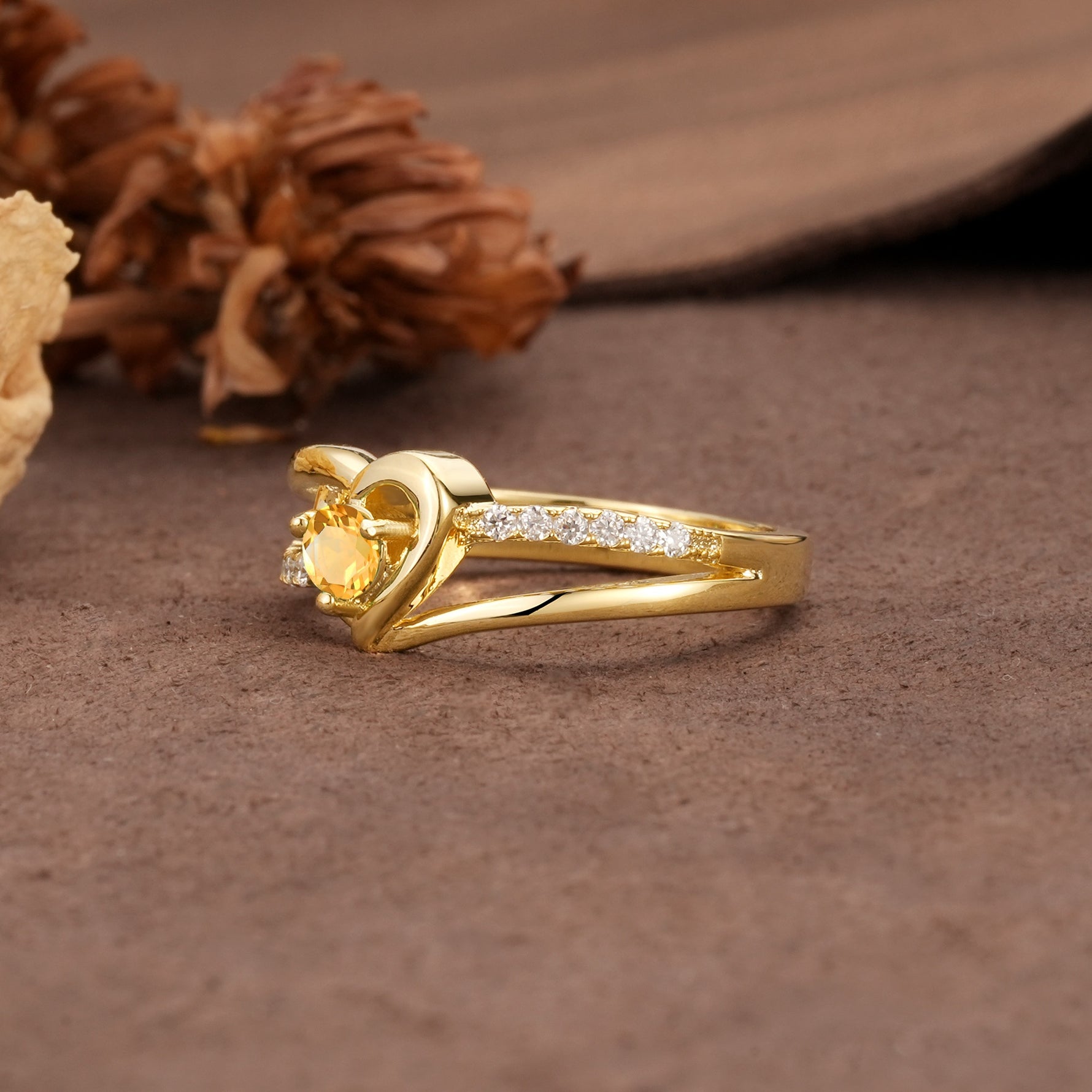 Unique Twisted Heart-Shaped 3-Prong Round Cut Citrine Engagement Ring - Additional view