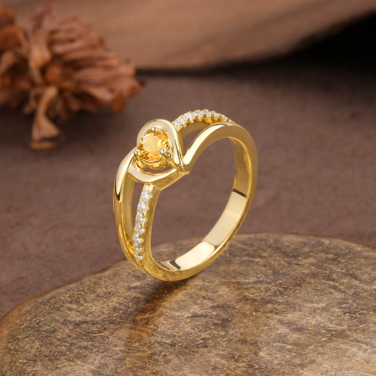 Unique Twisted Heart-Shaped 3-Prong Round Cut Citrine Engagement Ring - Additional view