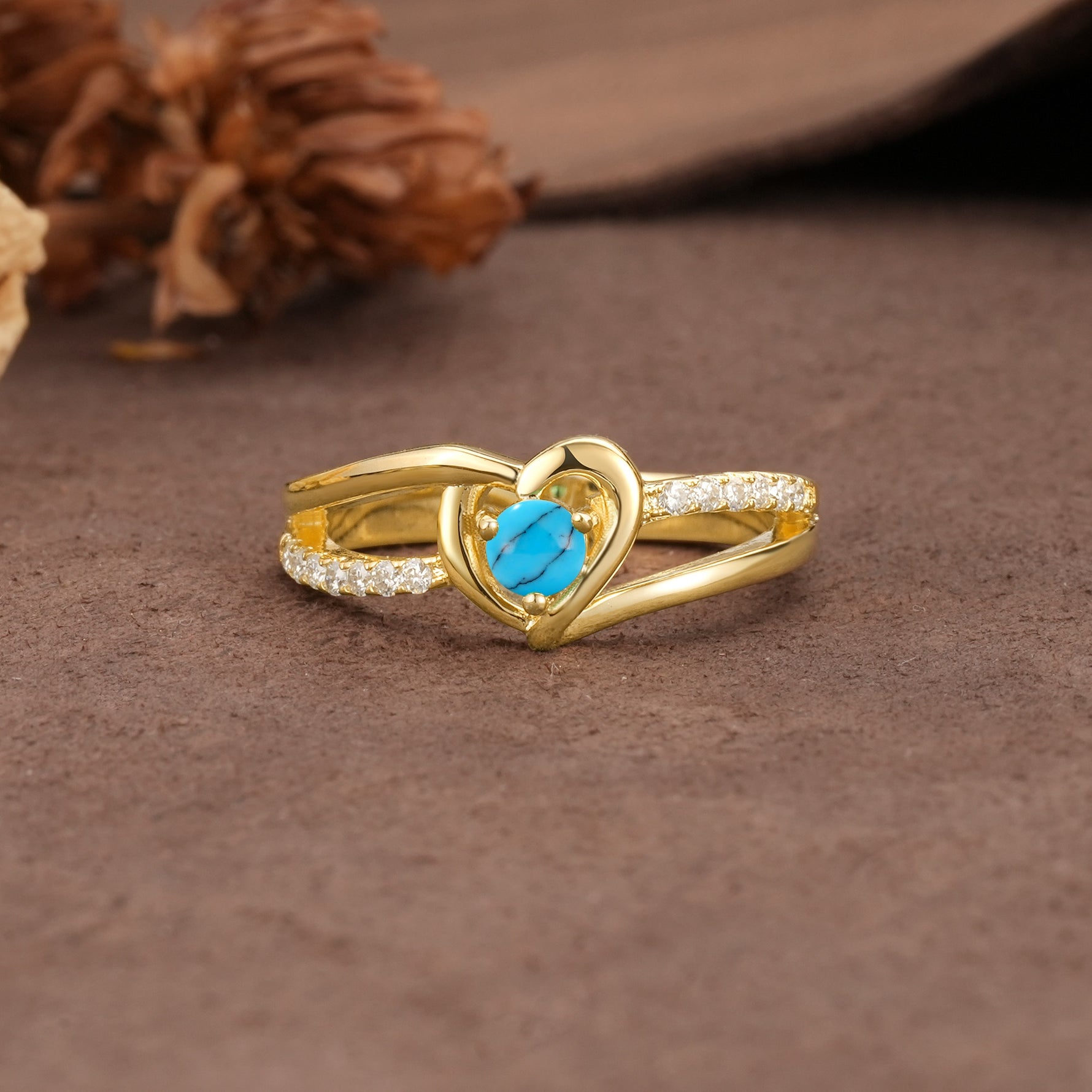 Unique Twisted Heart-Shaped 3-Prong Round Cut Turquoise Engagement Ring - Additional view