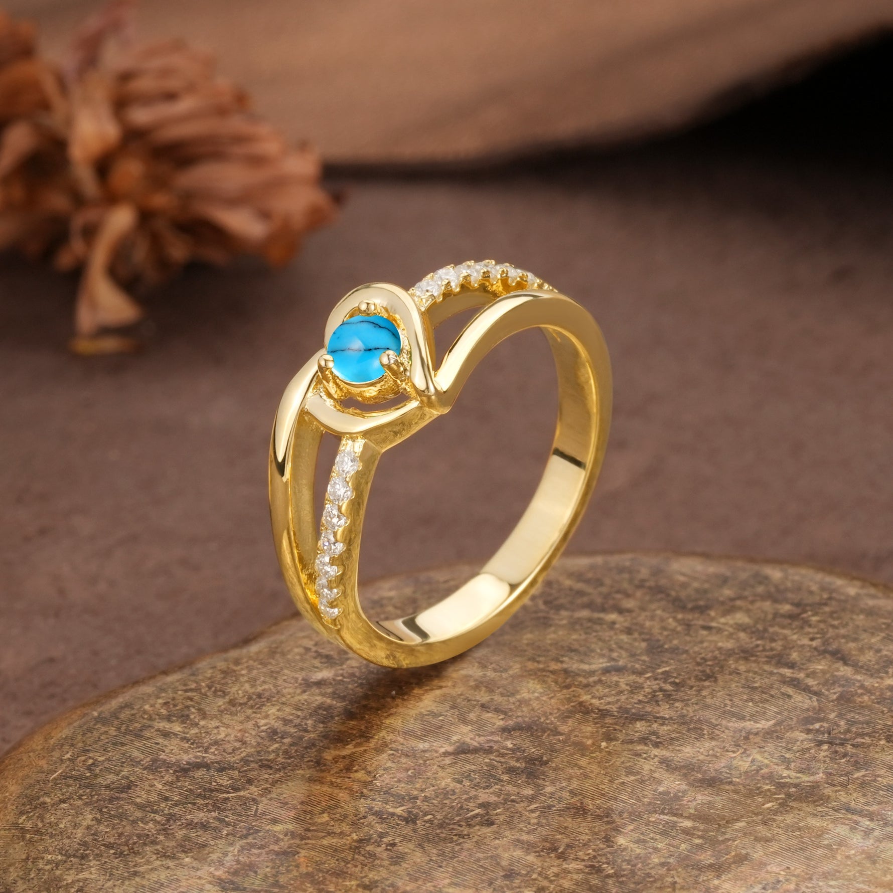Unique Twisted Heart-Shaped 3-Prong Round Cut Turquoise Engagement Ring - Additional view