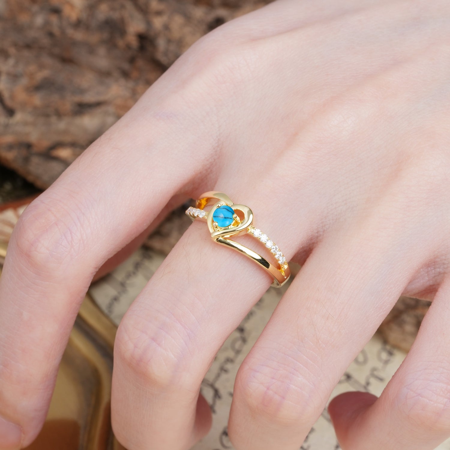 Unique Twisted Heart-Shaped 3-Prong Round Cut Turquoise Engagement Ring - Additional view