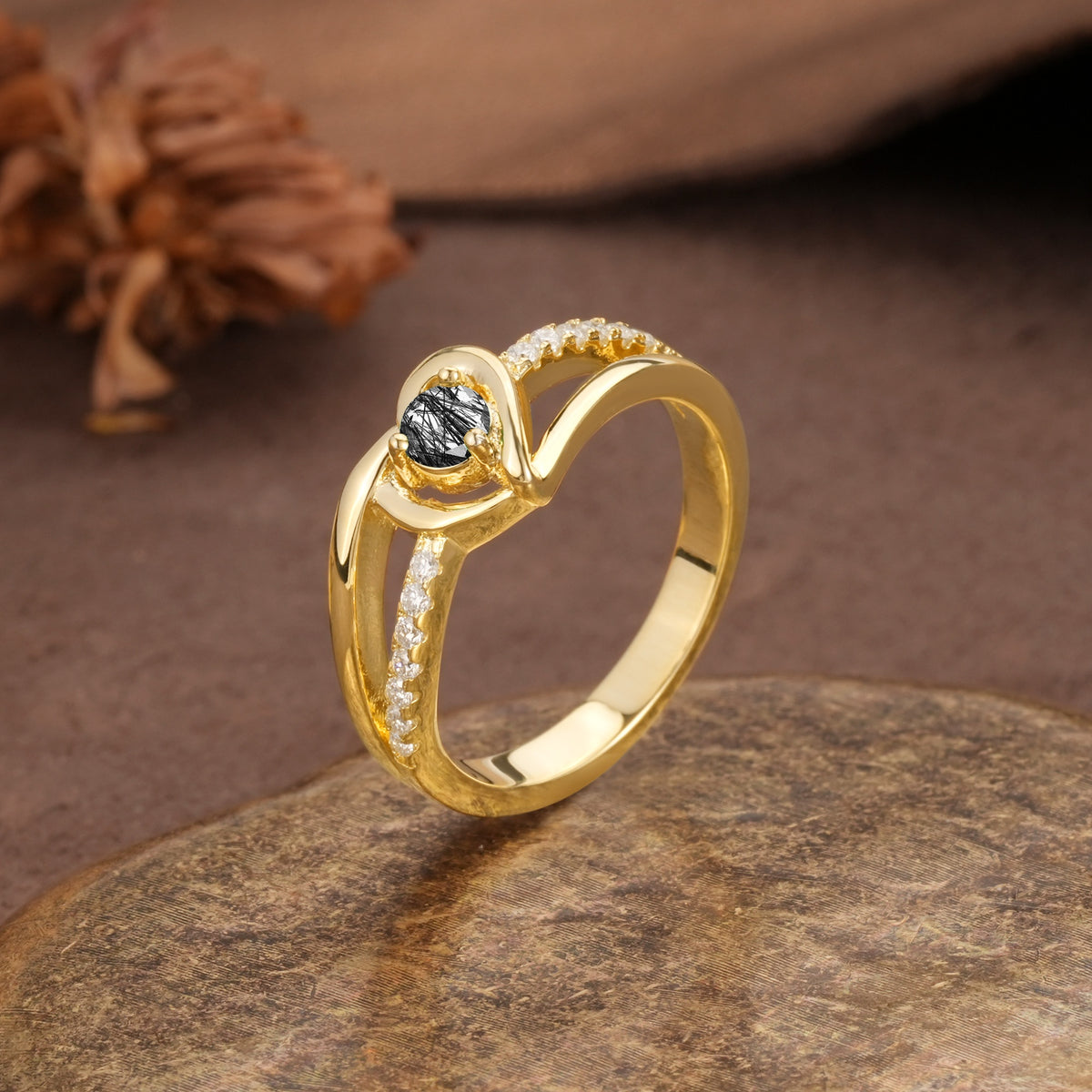 Unique Twisted Heart-Shaped 3-Prong Round Cut Black Rutilated Quartz Engagement Ring - Additional view