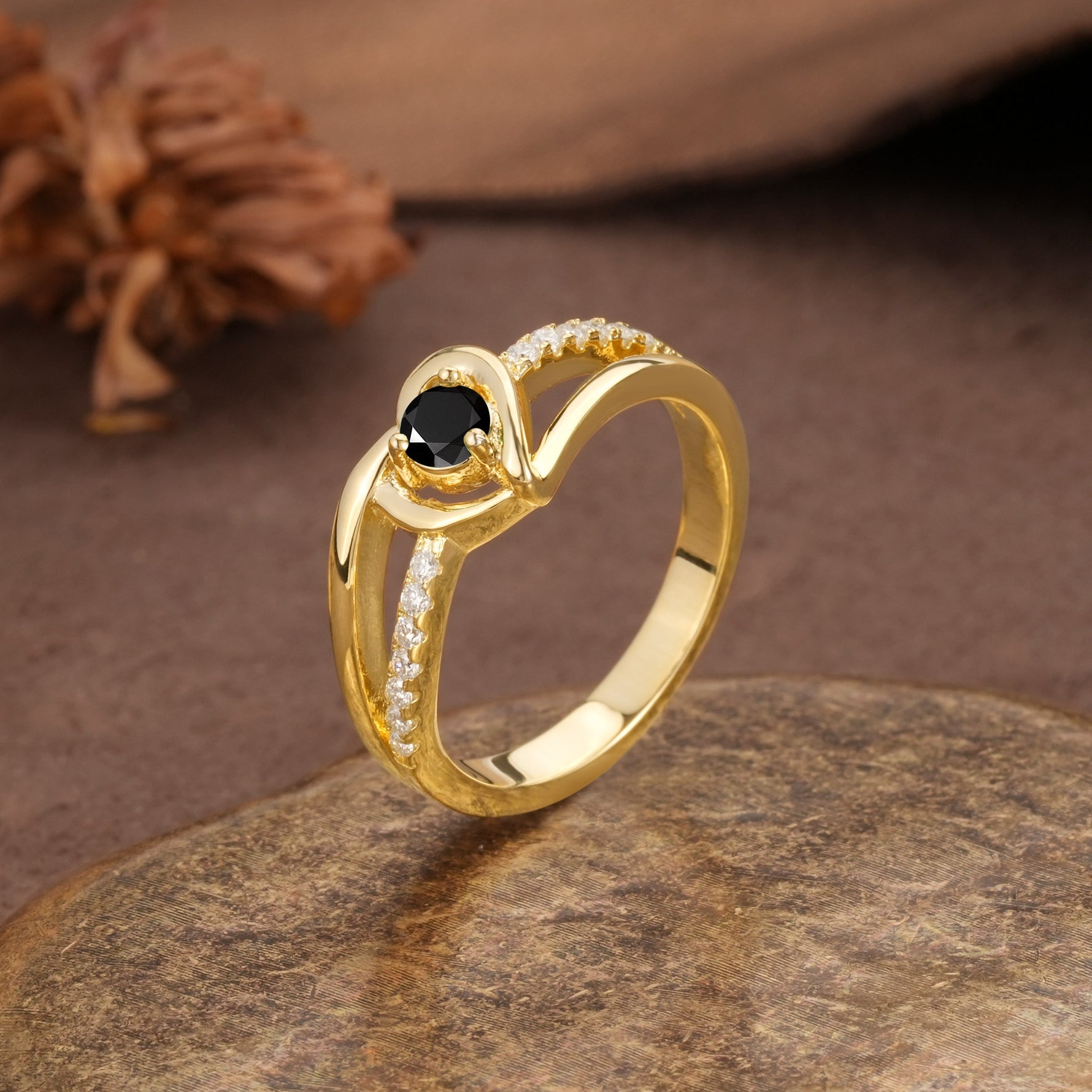 Unique Twisted Heart-Shaped 3-Prong Round Cut Black Onyx Engagement Ring - Additional view