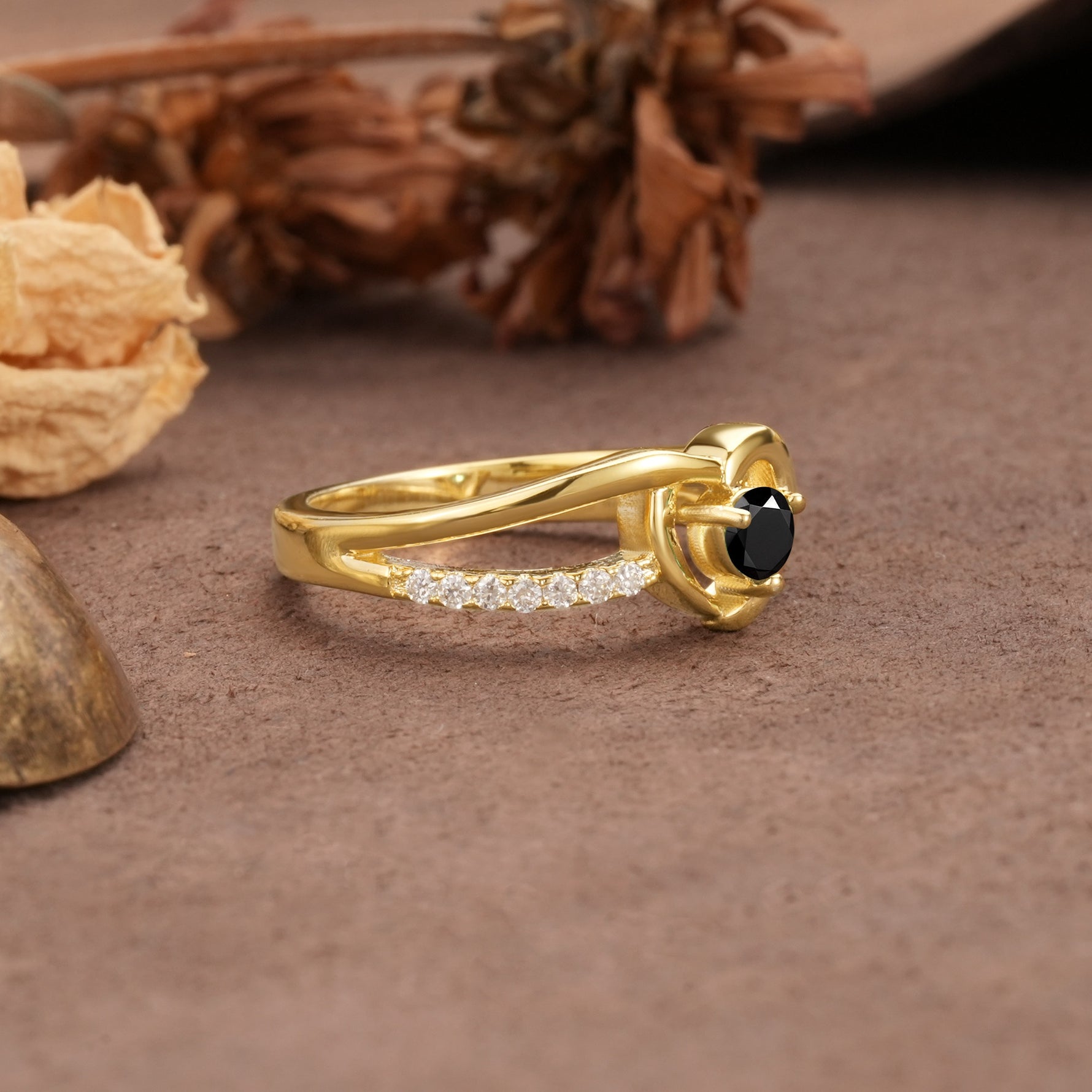 Unique Twisted Heart-Shaped 3-Prong Round Cut Black Onyx Engagement Ring - Additional view