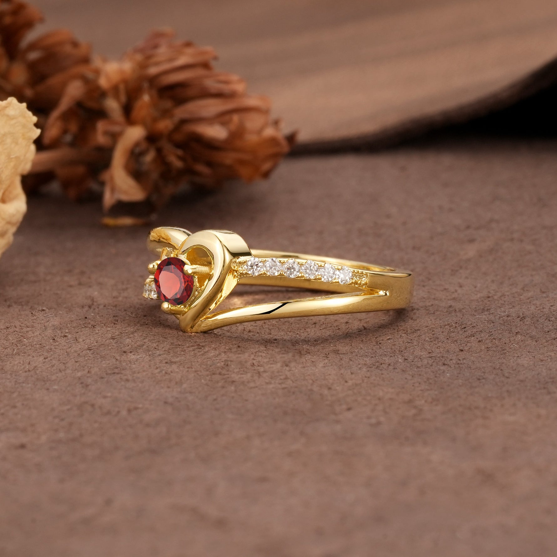 Unique Twisted Heart-Shaped 3-Prong Round Cut Garnet Engagement Ring - Additional view