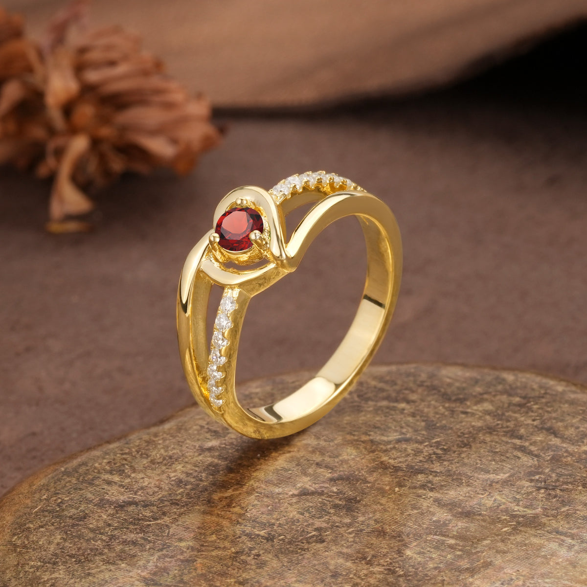 Unique Twisted Heart-Shaped 3-Prong Round Cut Garnet Engagement Ring - Additional view