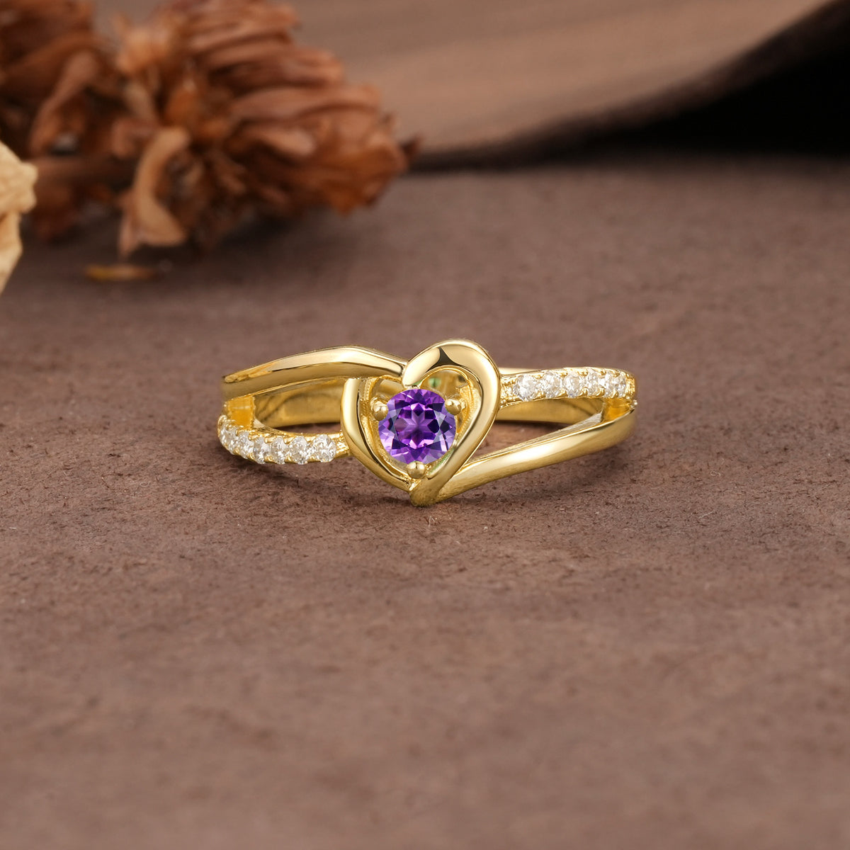 Unique Twisted Heart-Shaped 3-Prong Round Cut Amethyst Engagement Ring - Additional view