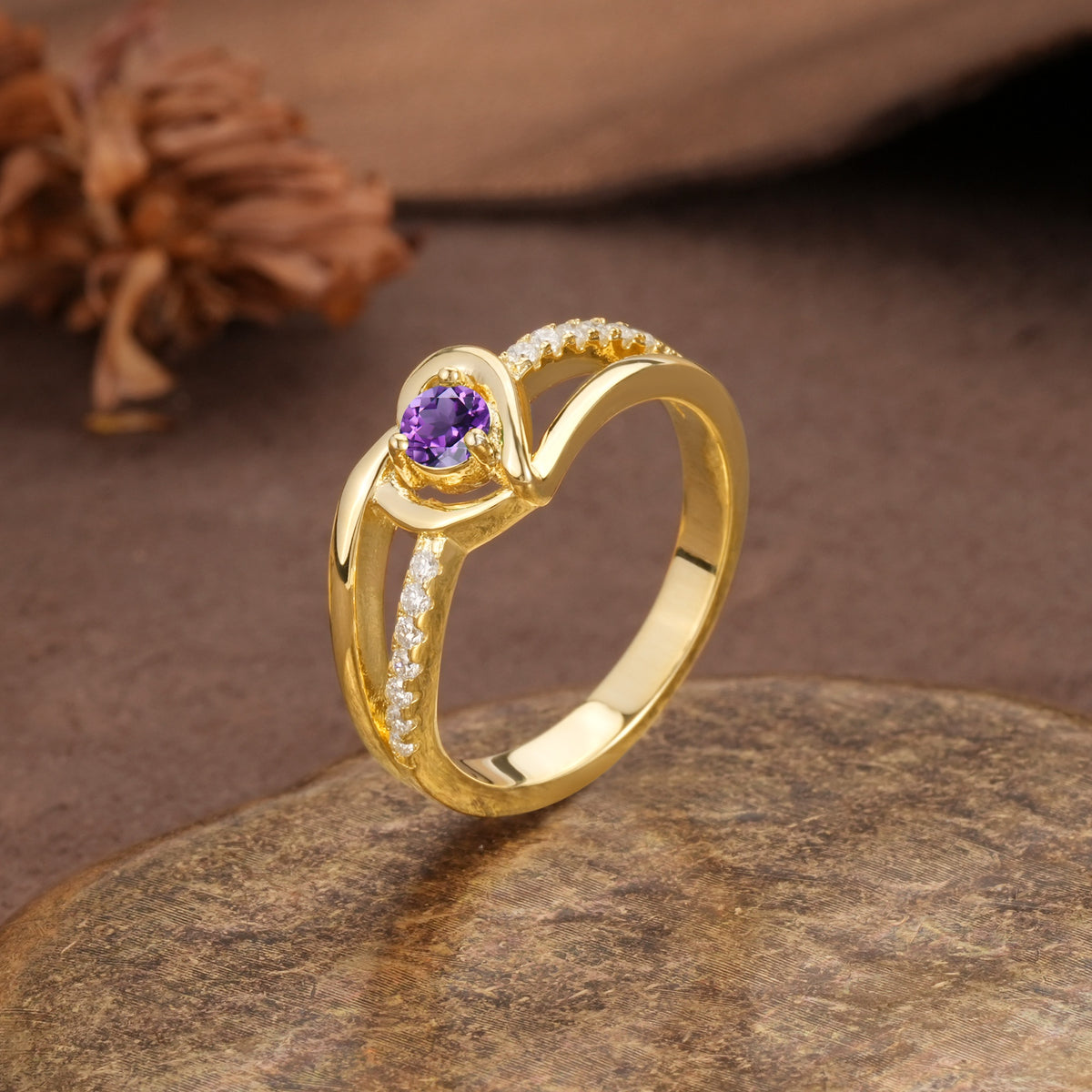 Unique Twisted Heart-Shaped 3-Prong Round Cut Amethyst Engagement Ring - Additional view