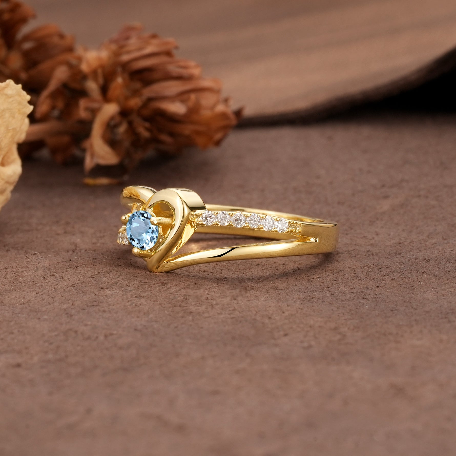 Unique Twisted Heart-Shaped 3-Prong Round Cut Aquamarine Engagement Ring - Additional view