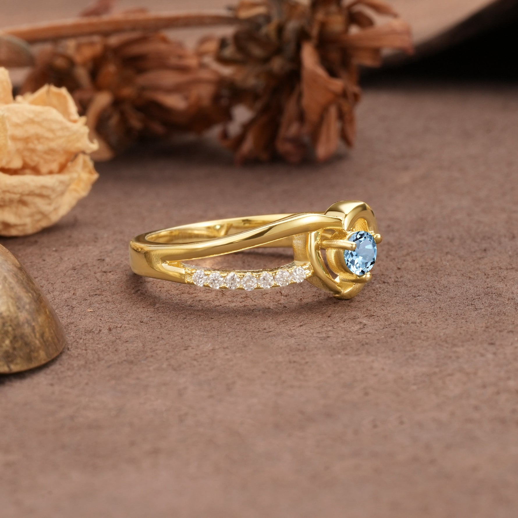 Unique Twisted Heart-Shaped 3-Prong Round Cut Aquamarine Engagement Ring - Additional view
