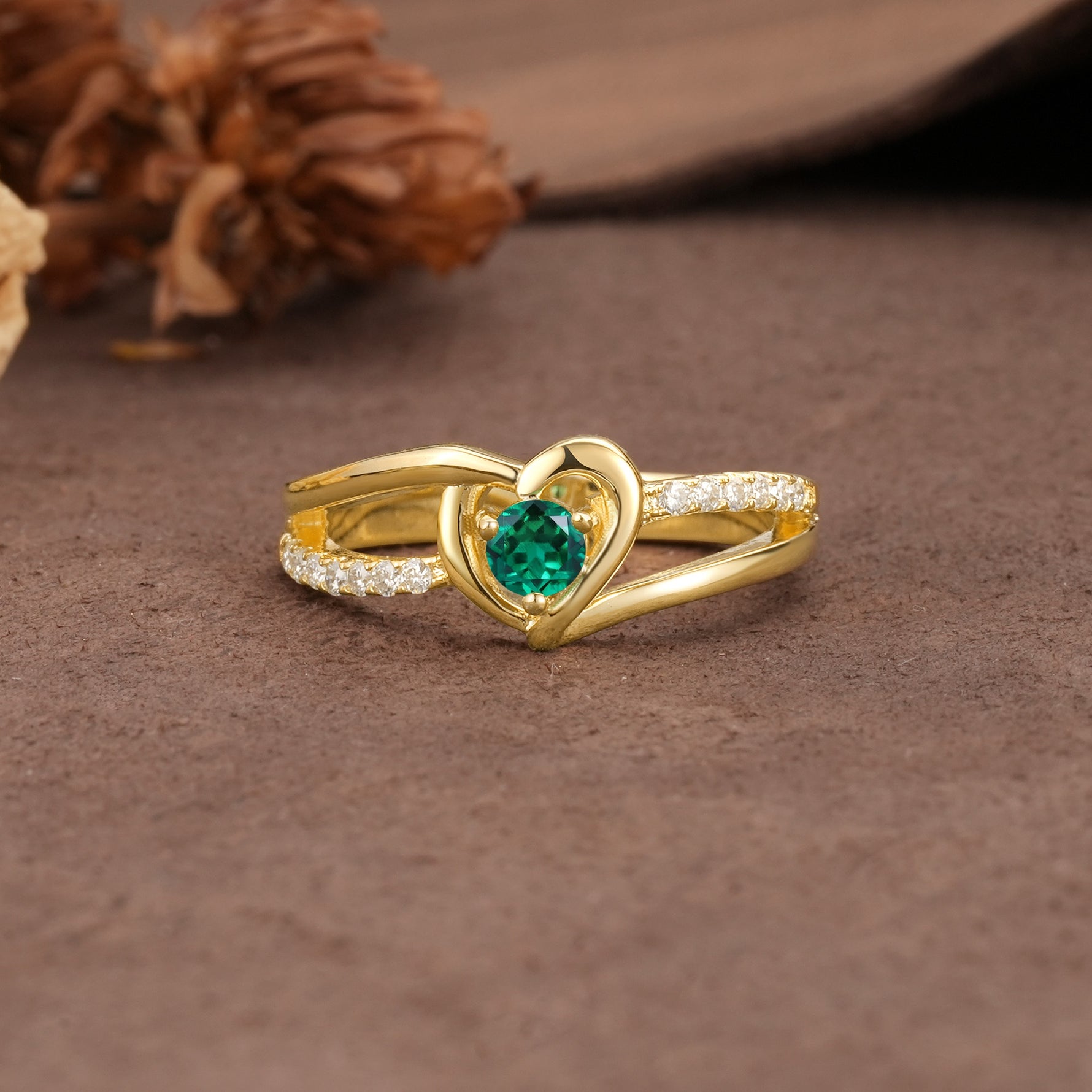 Unique Twisted Heart-Shaped 3-Prong Round Cut Emerald Engagement Ring - Additional view