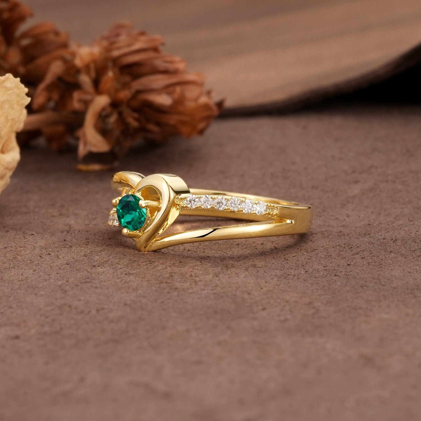 Unique Twisted Heart-Shaped 3-Prong Round Cut Emerald Engagement Ring - Additional view
