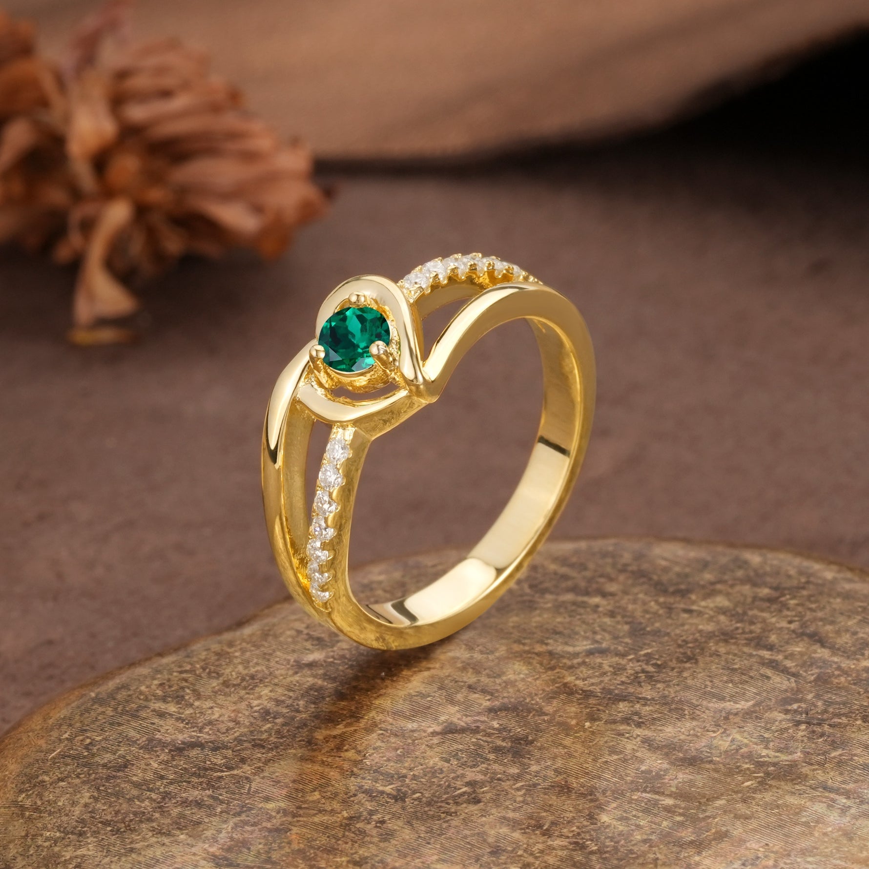 Unique Twisted Heart-Shaped 3-Prong Round Cut Emerald Engagement Ring - Additional view