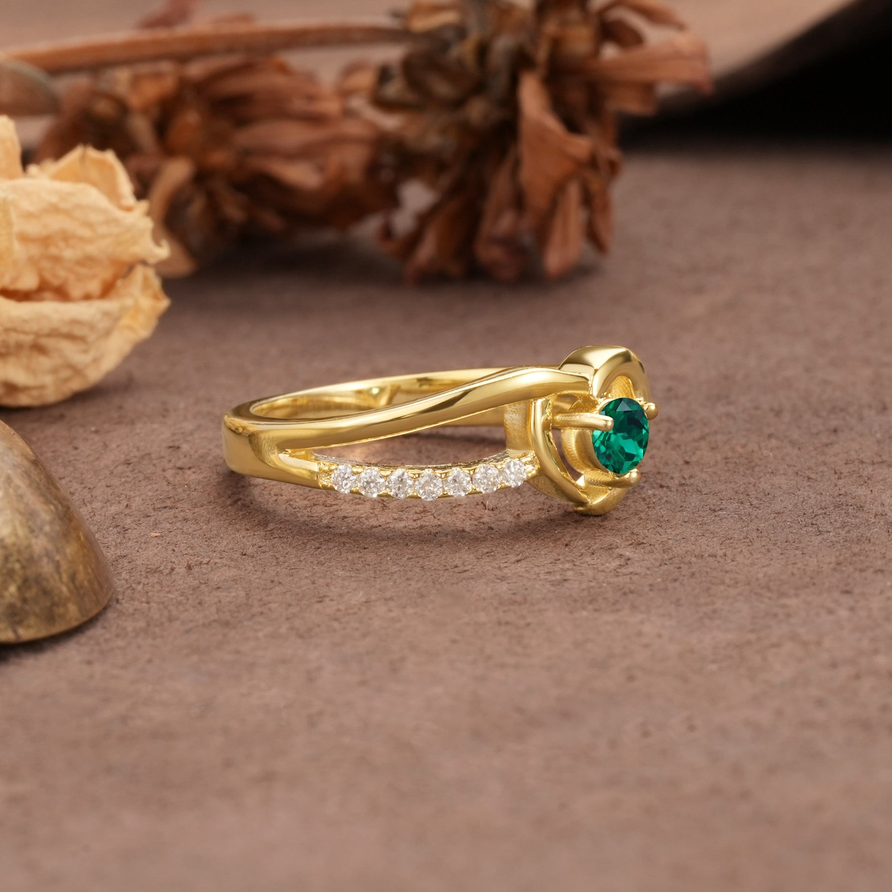 Unique Twisted Heart-Shaped 3-Prong Round Cut Emerald Engagement Ring - Additional view