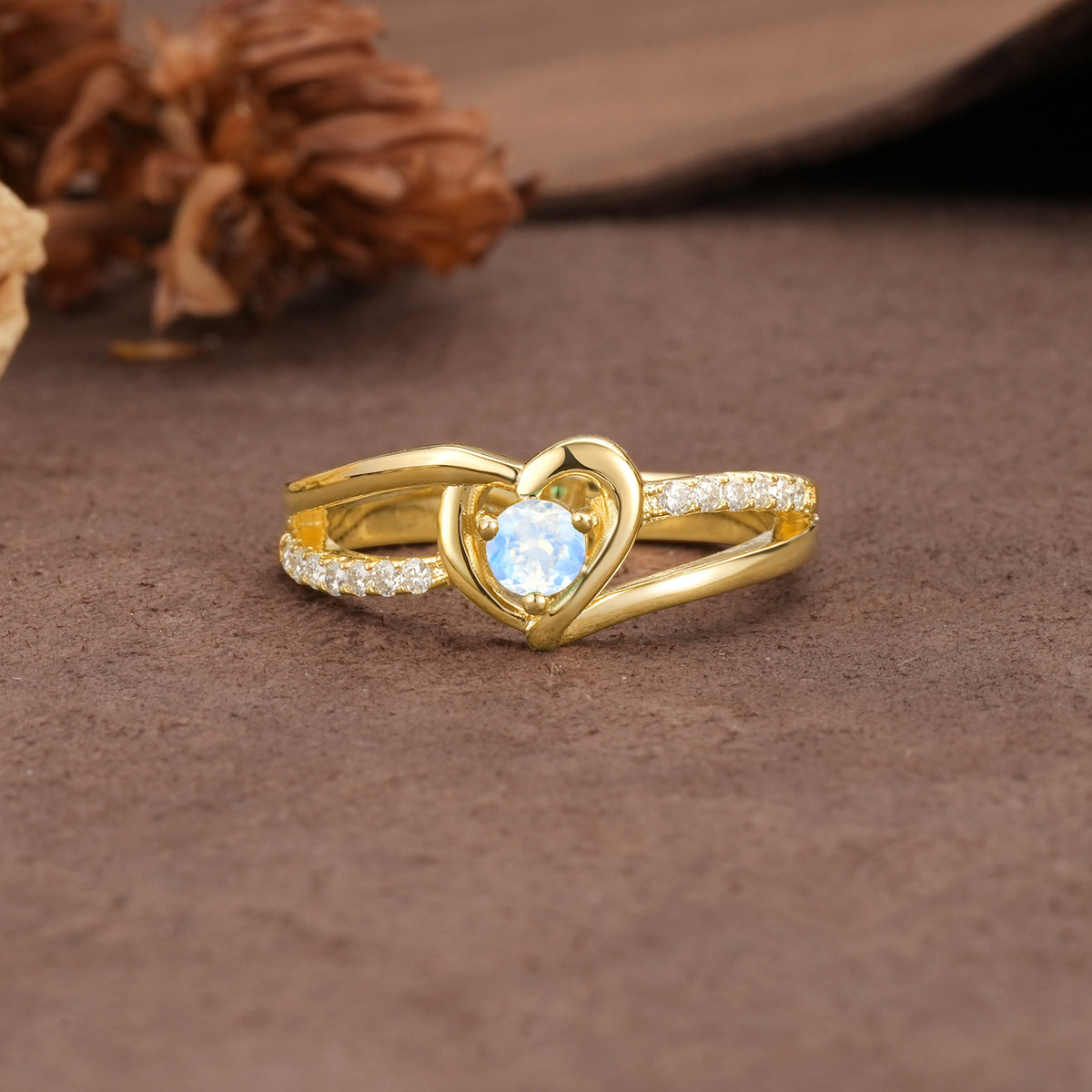 Unique Twisted Heart-Shaped 3-Prong Round Cut Moonstone Engagement Ring - Additional view