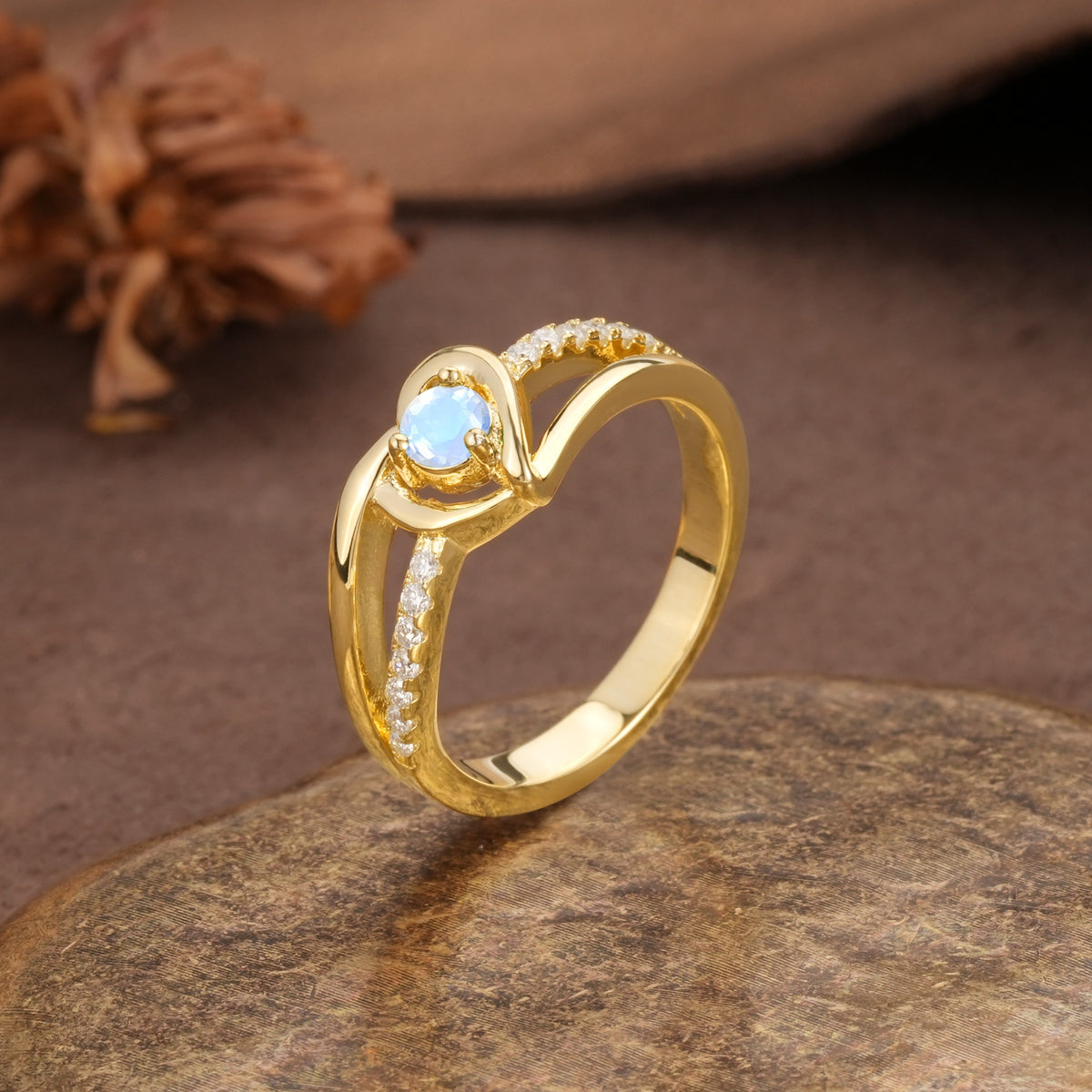 Unique Twisted Heart-Shaped 3-Prong Round Cut Moonstone Engagement Ring - Additional view
