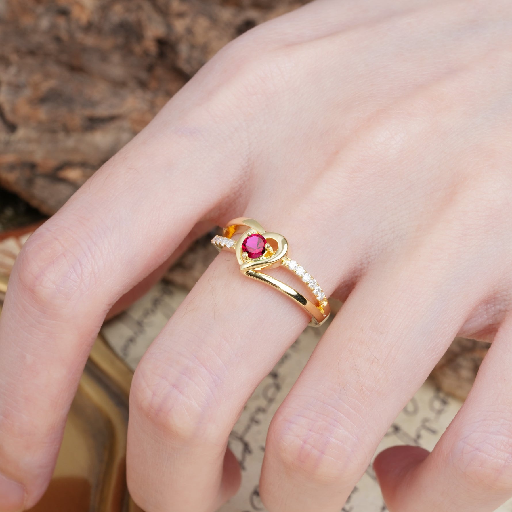 Unique Twisted Heart-Shaped 3-Prong Round Cut Ruby Engagement Ring - Additional view
