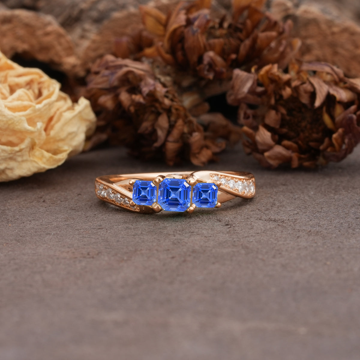 Classic Luxury 4-Prong Princess Cut Sapphire Three Stones Wedding Ring - Additional view