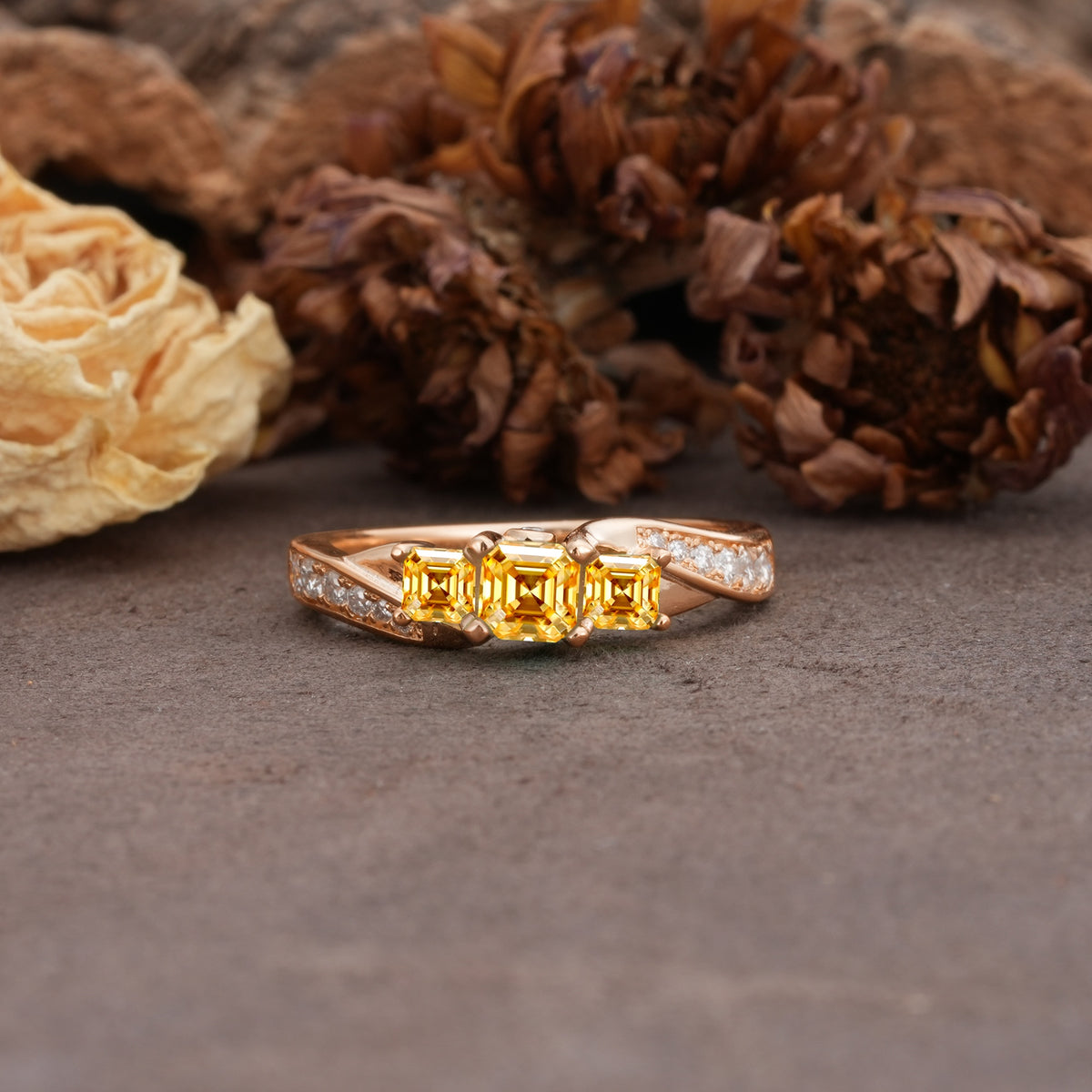 Classic Luxury 4-Prong Princess Cut Citrine Three Stones Wedding Ring - Additional view