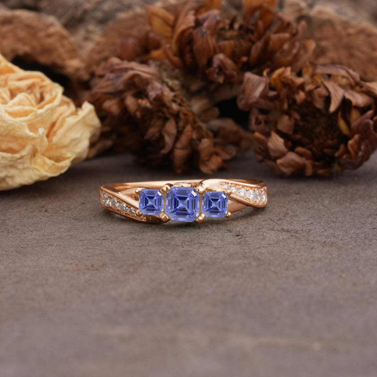 Classic Luxury 4-Prong Princess Cut Tanzanite Three Stones Wedding Ring - Additional view