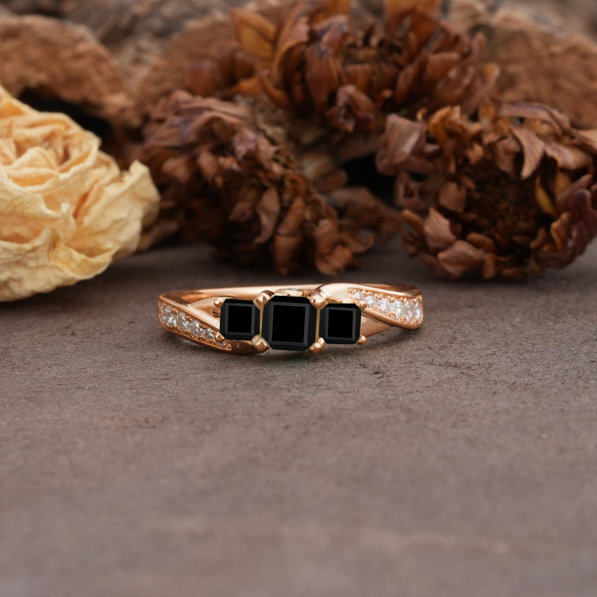 Classic Luxury 4-Prong Princess Cut Black Onyx Three Stones Wedding Ring - Additional view