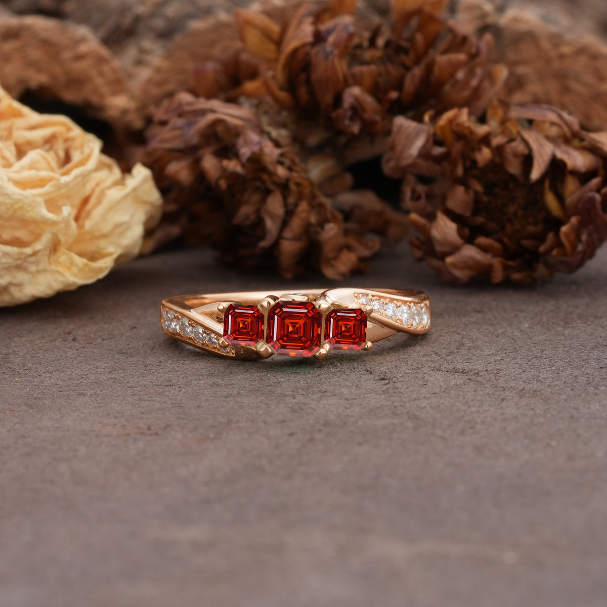 Classic Luxury 4-Prong Princess Cut Garnet Three Stones Wedding Ring - Additional view