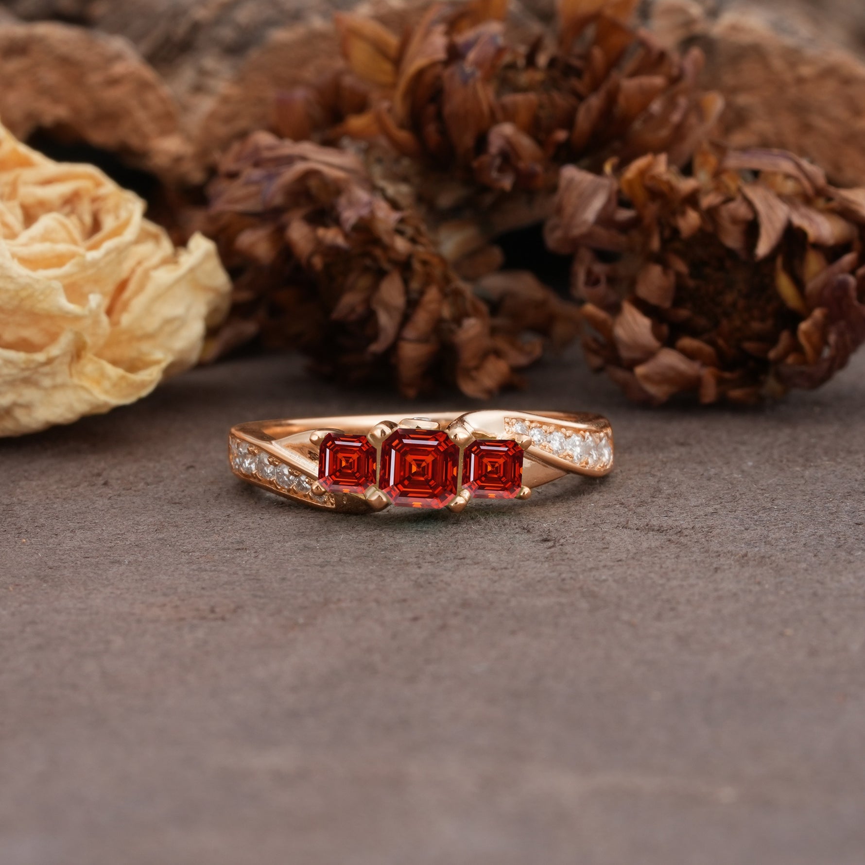 Classic Luxury 4-Prong Princess Cut Garnet Three Stones Wedding Ring - Additional view