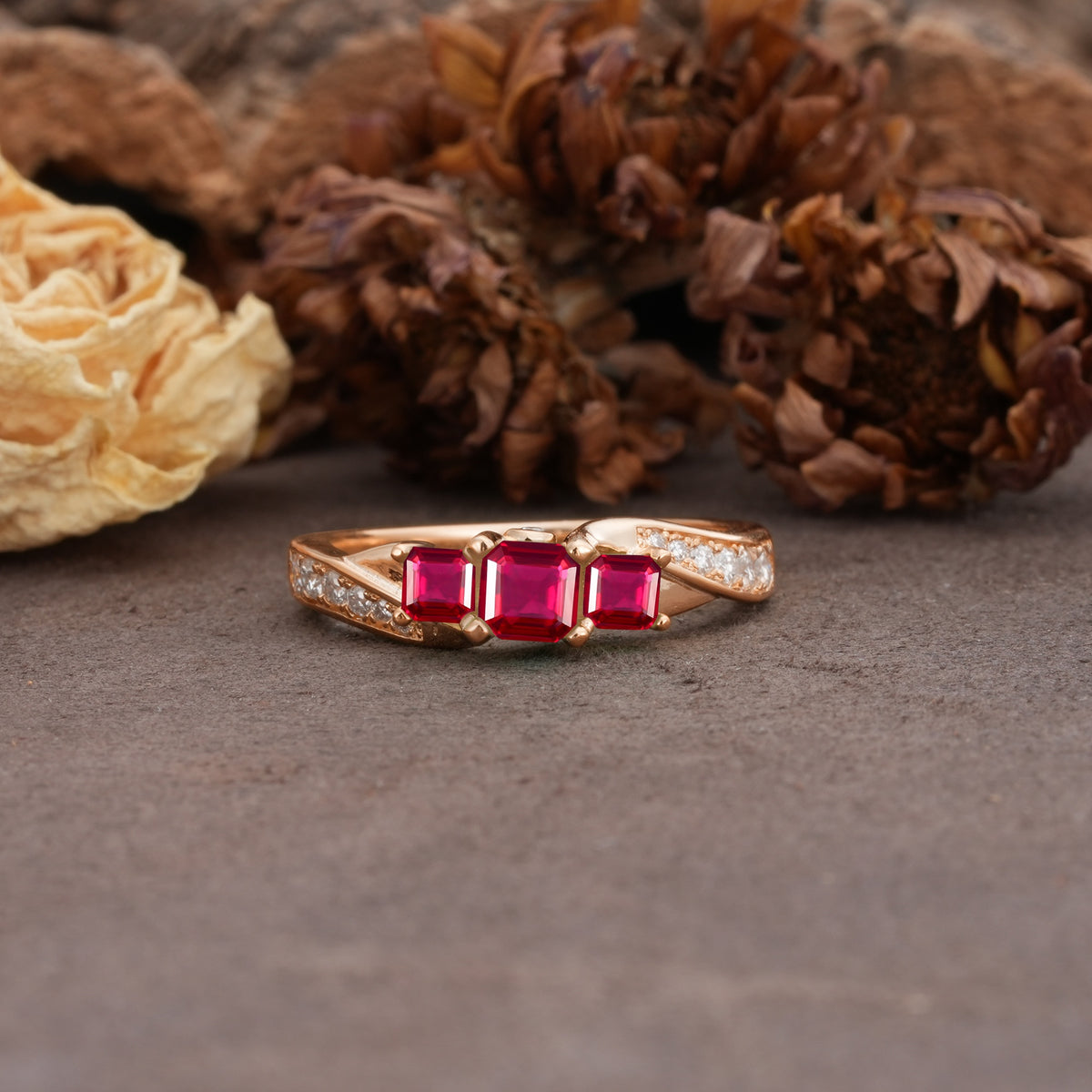 Classic Luxury 4-Prong Princess Cut Ruby Three Stones Wedding Ring - Additional view