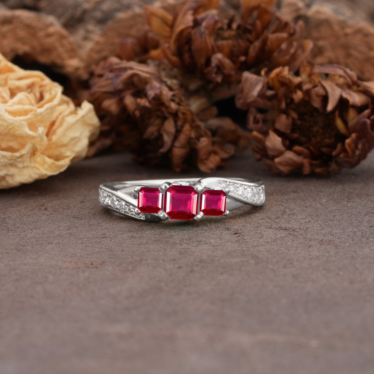 Classic Luxury 4-Prong Princess Cut Ruby Three Stones Wedding Ring - Additional view