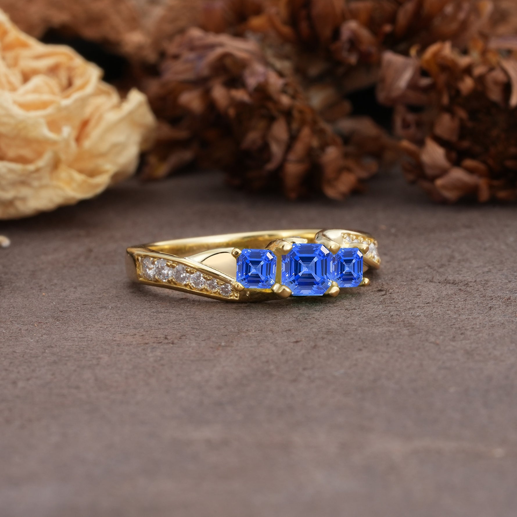 Classic Luxury 4-Prong Princess Cut Sapphire Three Stones Wedding Ring - Additional view