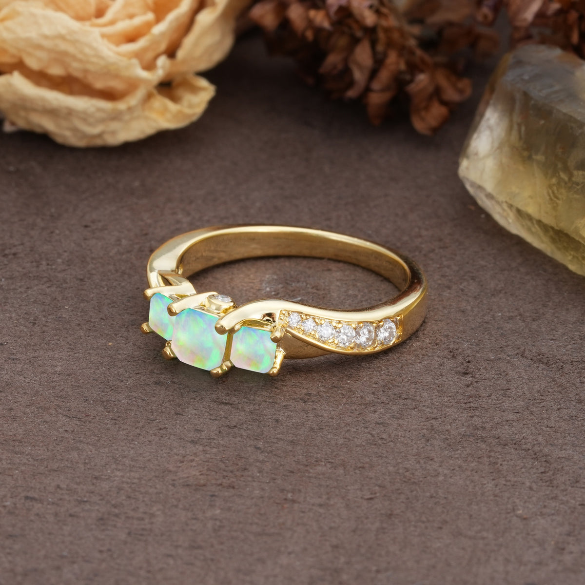 Classic Luxury 4-Prong Princess Cut Fire Opal Three Stones Wedding Ring - Additional view
