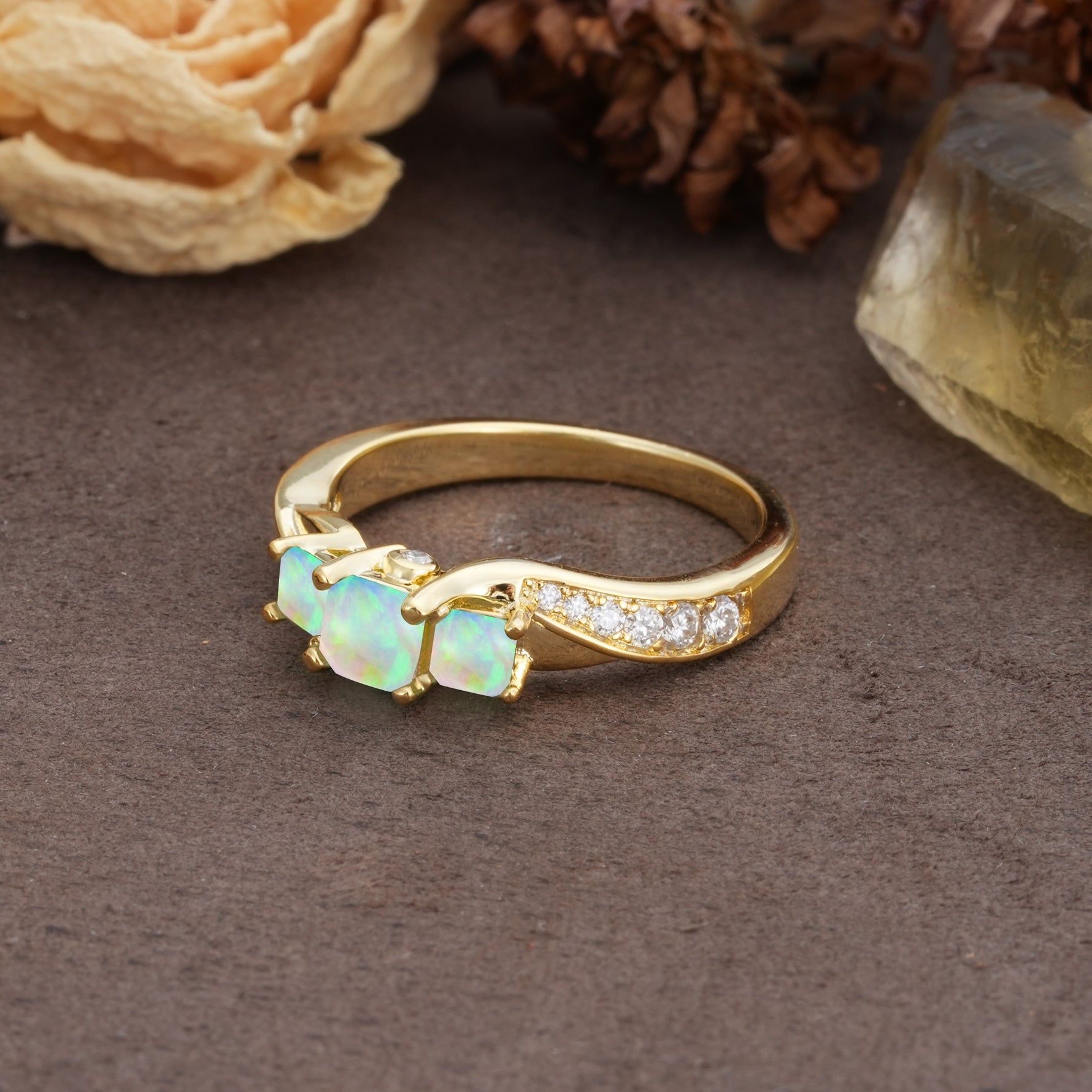 Classic Luxury 4-Prong Princess Cut Fire Opal Three Stones Wedding Ring - Additional view