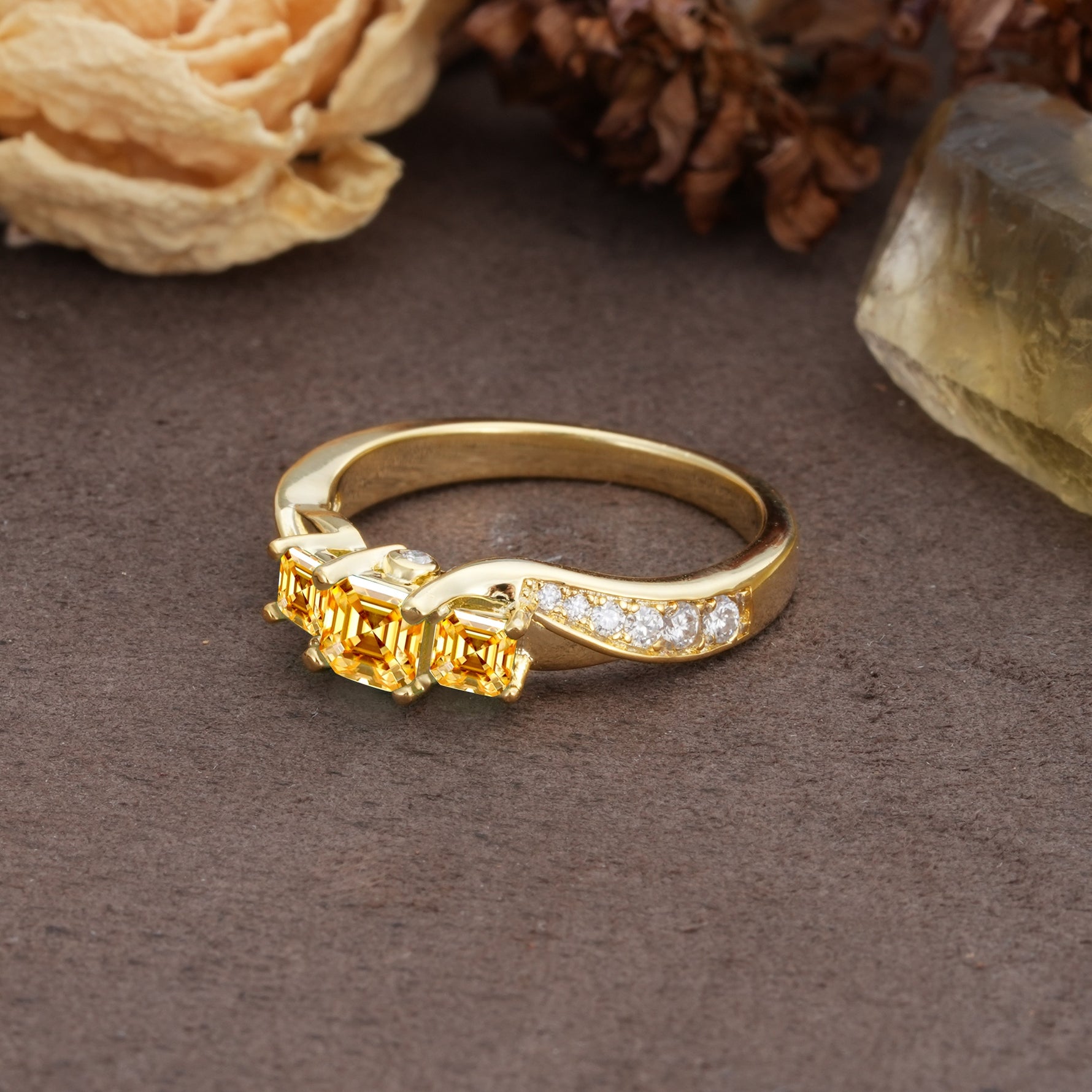 Classic Luxury 4-Prong Princess Cut Citrine Three Stones Wedding Ring - Additional view