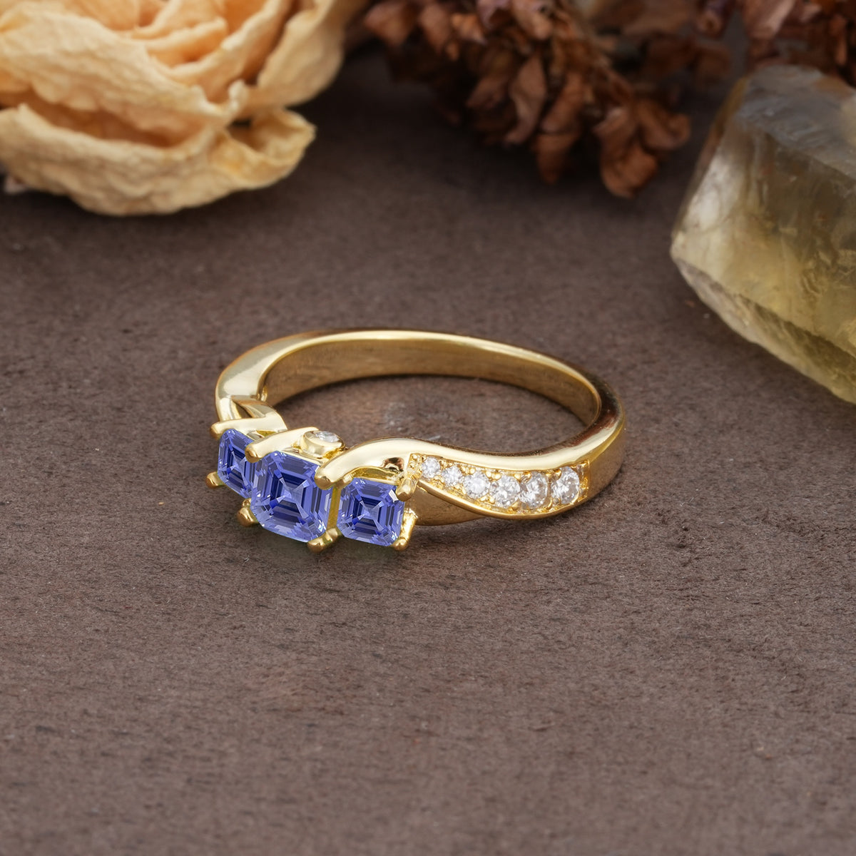 Classic Luxury 4-Prong Princess Cut Tanzanite Three Stones Wedding Ring - Additional view