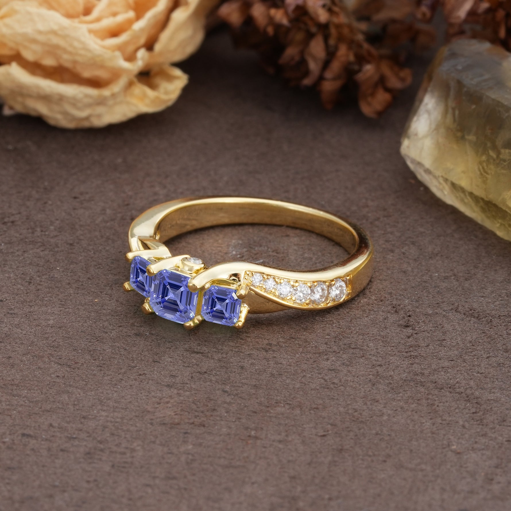 Classic Luxury 4-Prong Princess Cut Tanzanite Three Stones Wedding Ring - Additional view