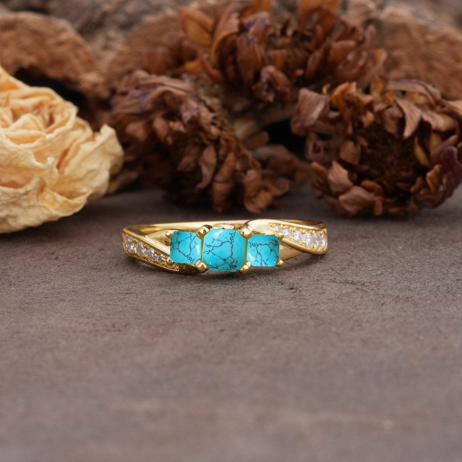 Classic Luxury 4-Prong Princess Cut Turquoise Three Stones Wedding Ring - Additional view