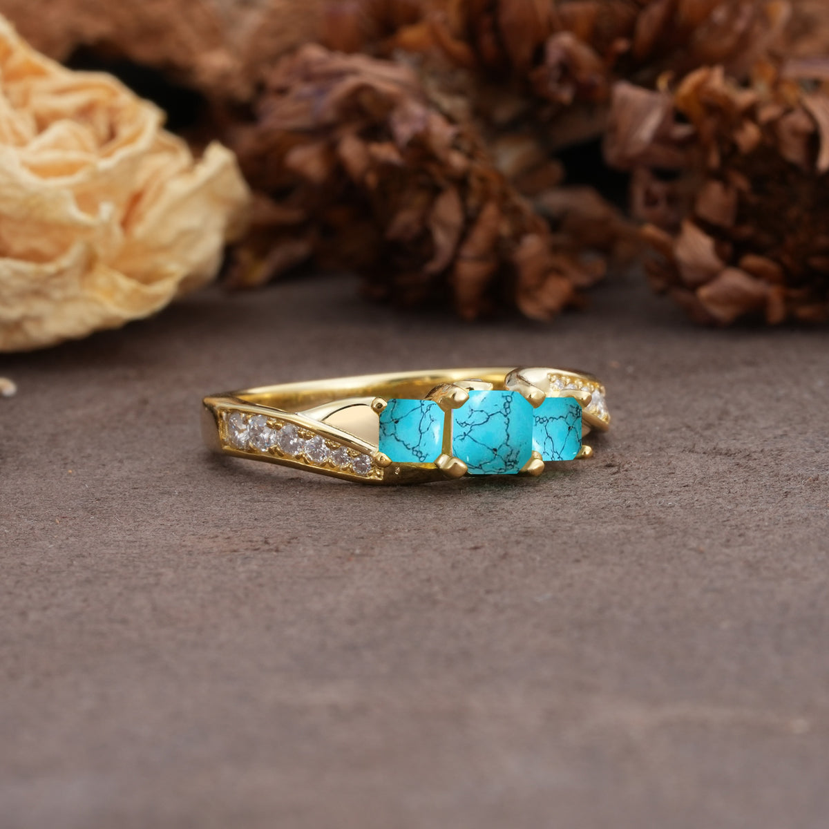 Classic Luxury 4-Prong Princess Cut Turquoise Three Stones Wedding Ring - Additional view