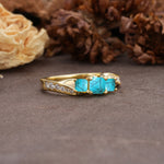 Classic Luxury 4-Prong Princess Cut Turquoise Three Stones Wedding Ring - Additional view