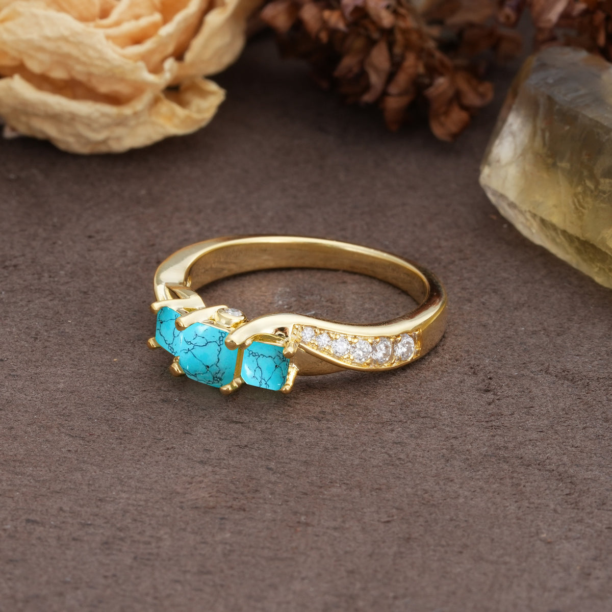 Classic Luxury 4-Prong Princess Cut Turquoise Three Stones Wedding Ring - Additional view